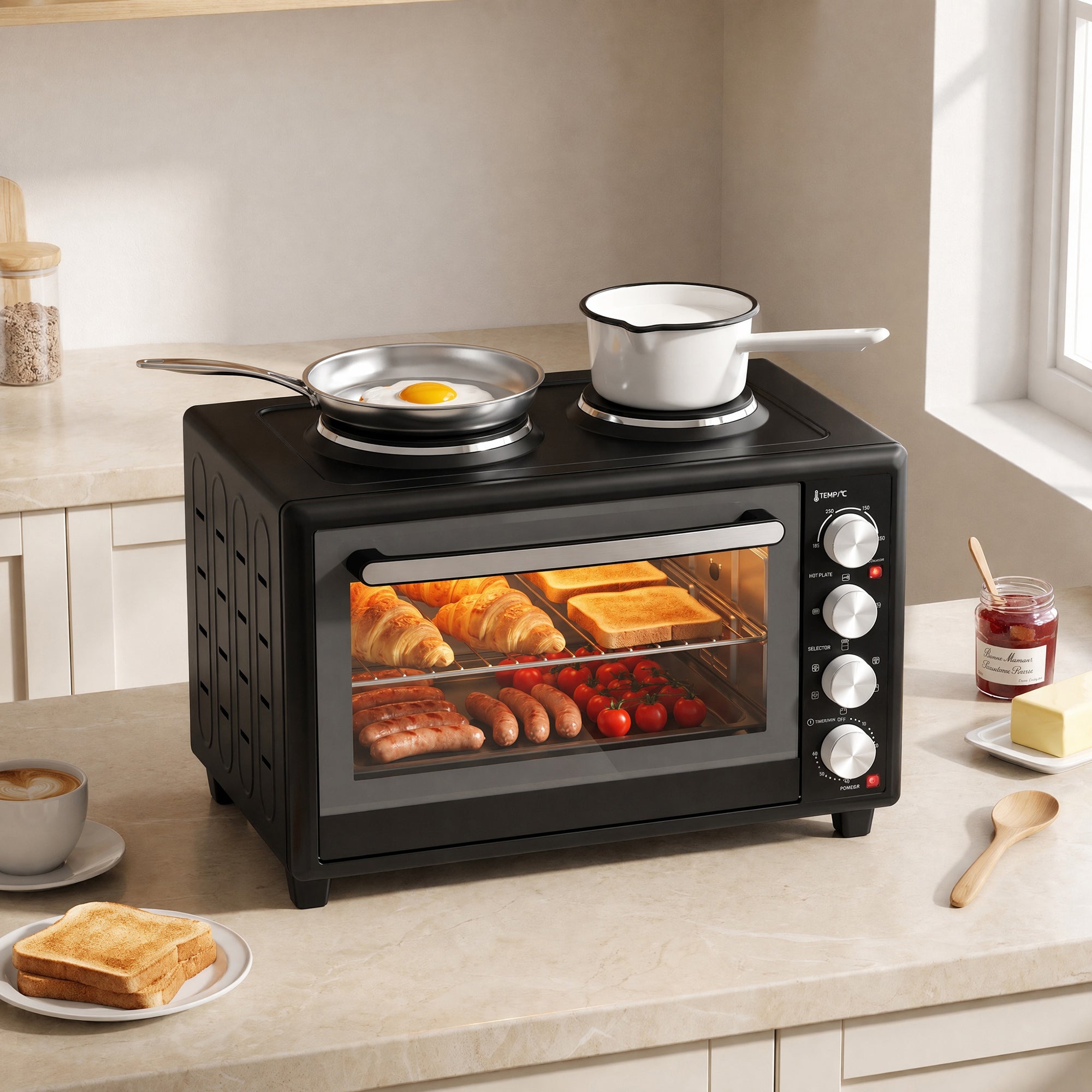 36L Mini Oven with Dual Hot Plates, Electric Countertop Cooker with Convection, 90–230°C Adjustable Temperature, 60 Minute Timer, Portable Oven with Wire Rack & Baking Tray, 1500W, Black