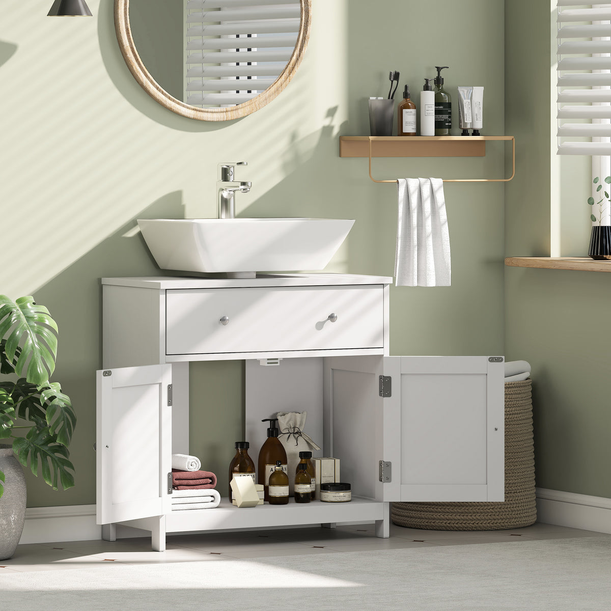 23.6" Modern Bathroom Vanity Cabinet, Freestanding Under Sink Cabinet with Drawer and 2 Doors, U-Shape Cutout for Pedestal Sink, White