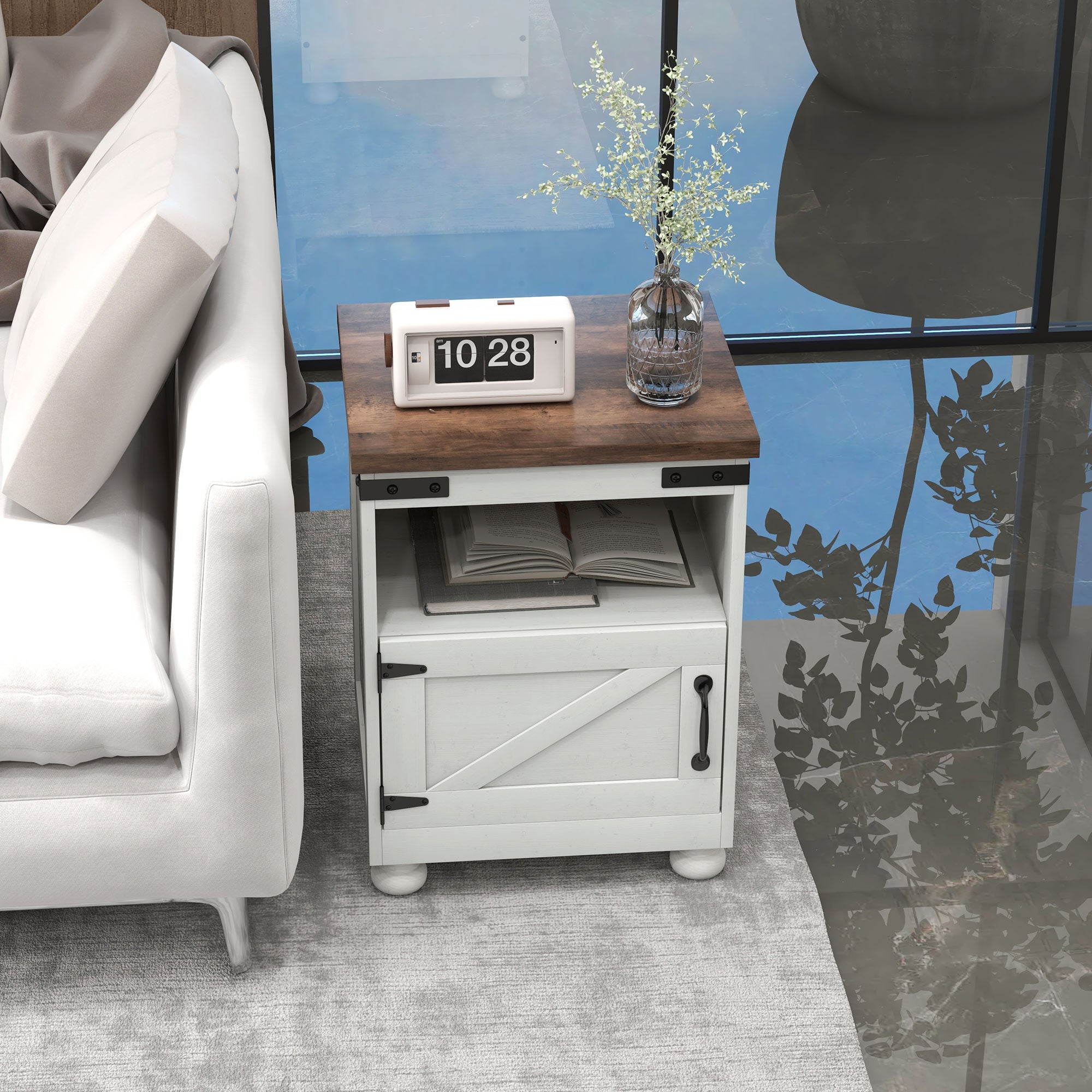 Side Table with Storage, End Table with Open Shelf, Cupboard and Wood Legs, White - HOMCOM