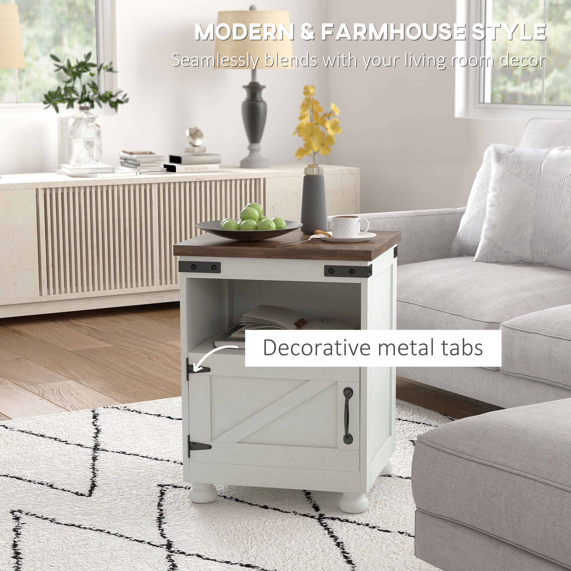 Side Table with Storage, End Table with Open Shelf, Cupboard and Wood Legs, White - HOMCOM
