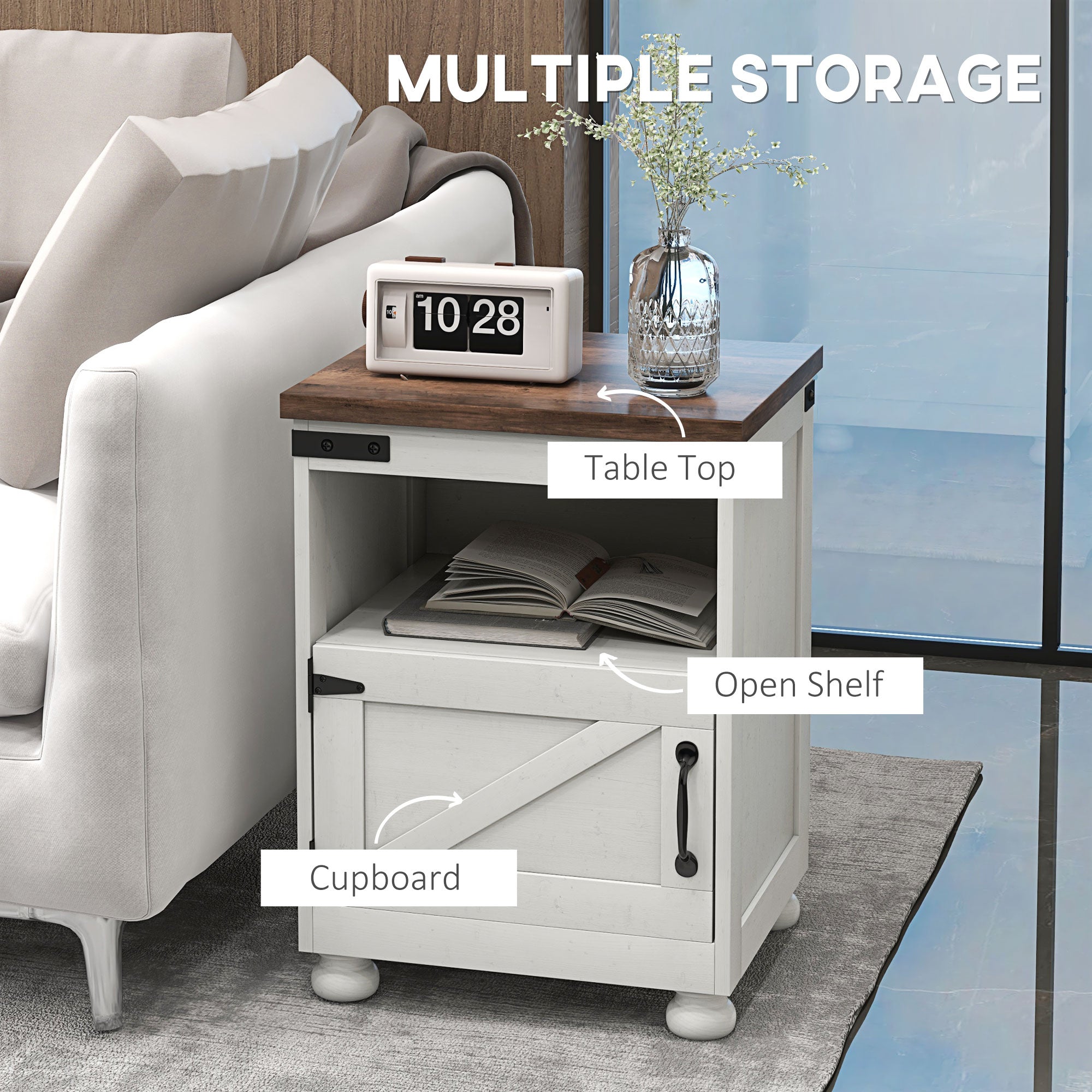 Side Table with Storage, End Table with Open Shelf, Cupboard and Wood Legs, White - HOMCOM