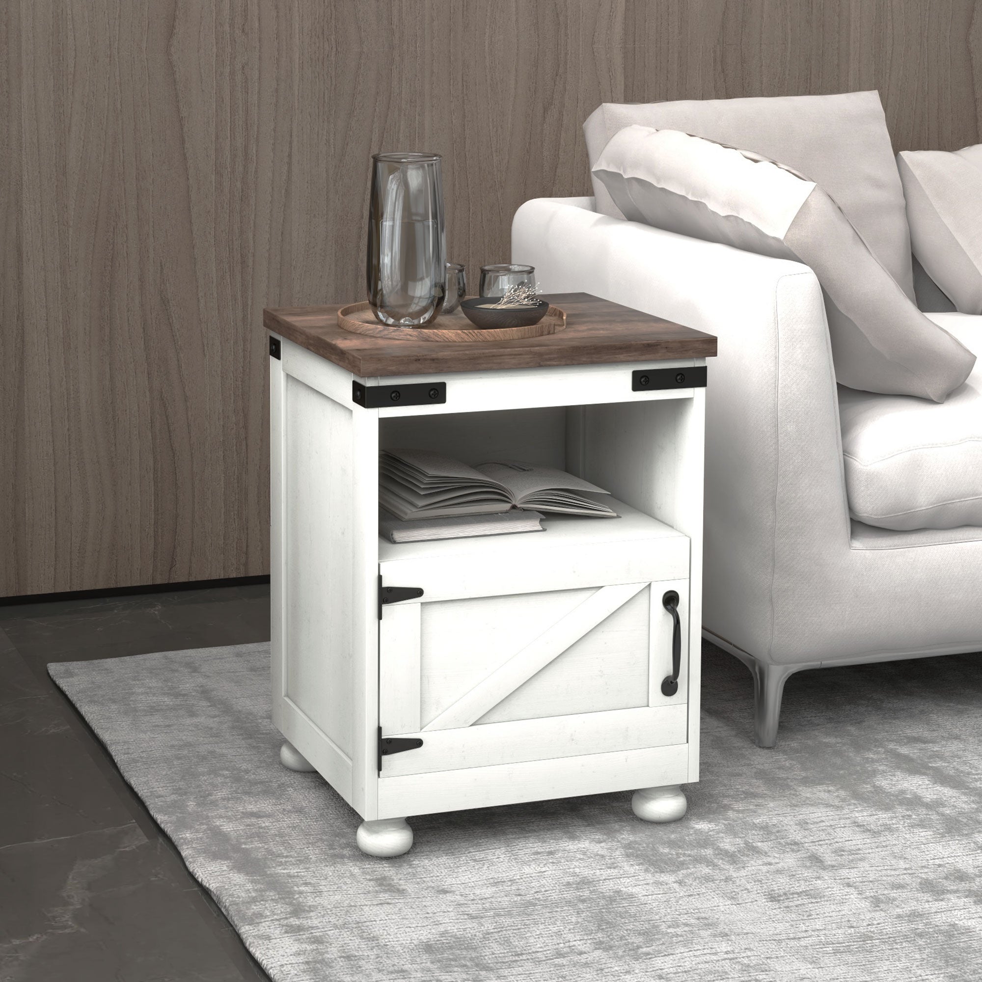 Side Table with Storage, End Table with Open Shelf, Cupboard and Wood Legs, White - HOMCOM
