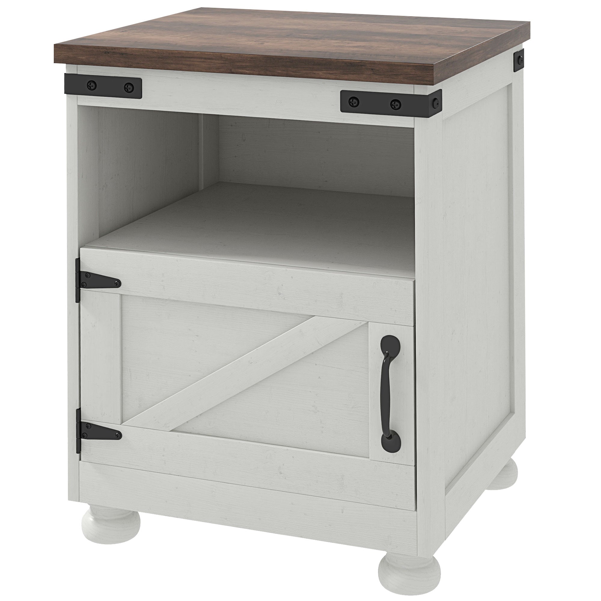 Side Table with Storage, End Table with Open Shelf, Cupboard and Wood Legs, White