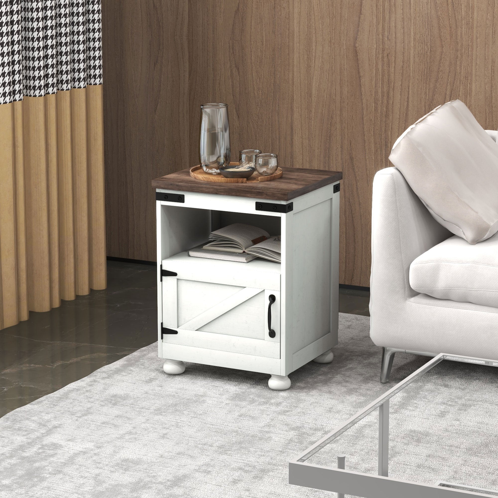 Side Table with Storage, End Table with Open Shelf, Cupboard and Wood Legs, White - HOMCOM