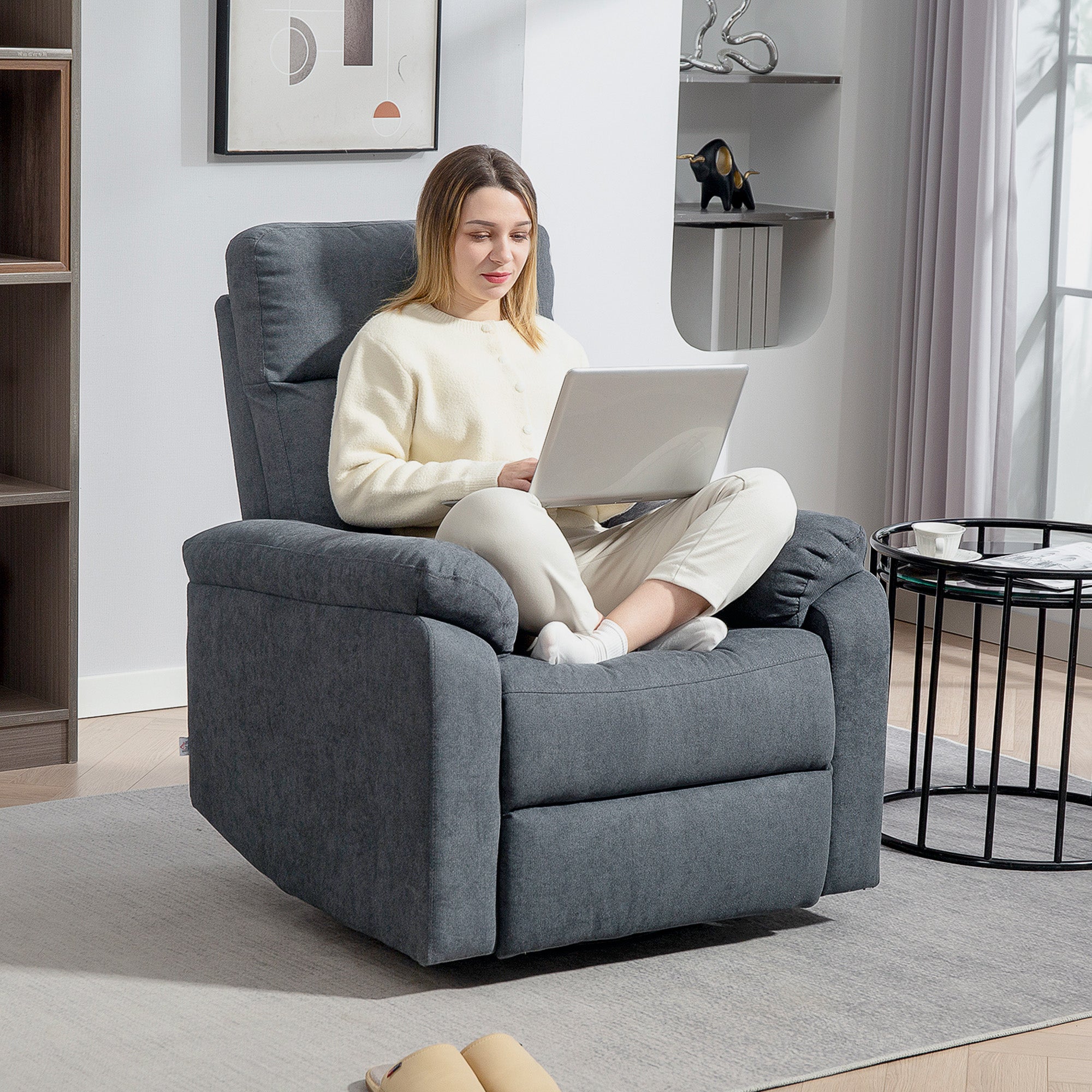 HOMCOM Swivel Rocker Recliner Chair, Wide Rocking Single Sofa with Pocket Spring, Footrest, Modern Fabric Overstuffed Reclining Chair for Living Room, Bedroom, Quick Assembly, Gray