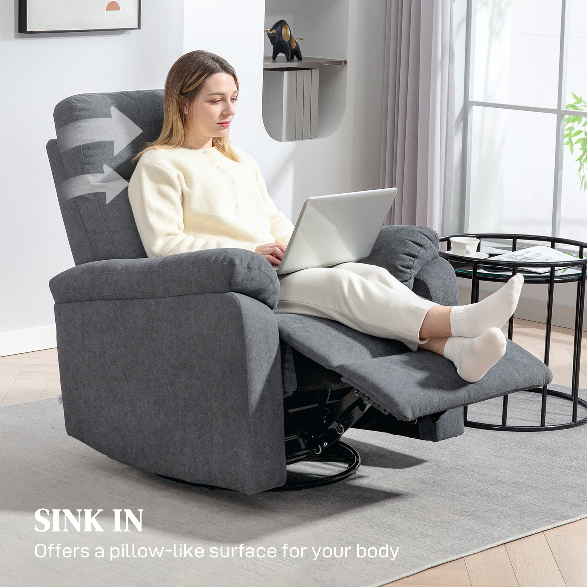 HOMCOM Swivel Rocker Recliner Chair, Wide Rocking Single Sofa with Pocket Spring, Footrest, Modern Fabric Overstuffed Reclining Chair for Living Room, Bedroom, Quick Assembly, Gray