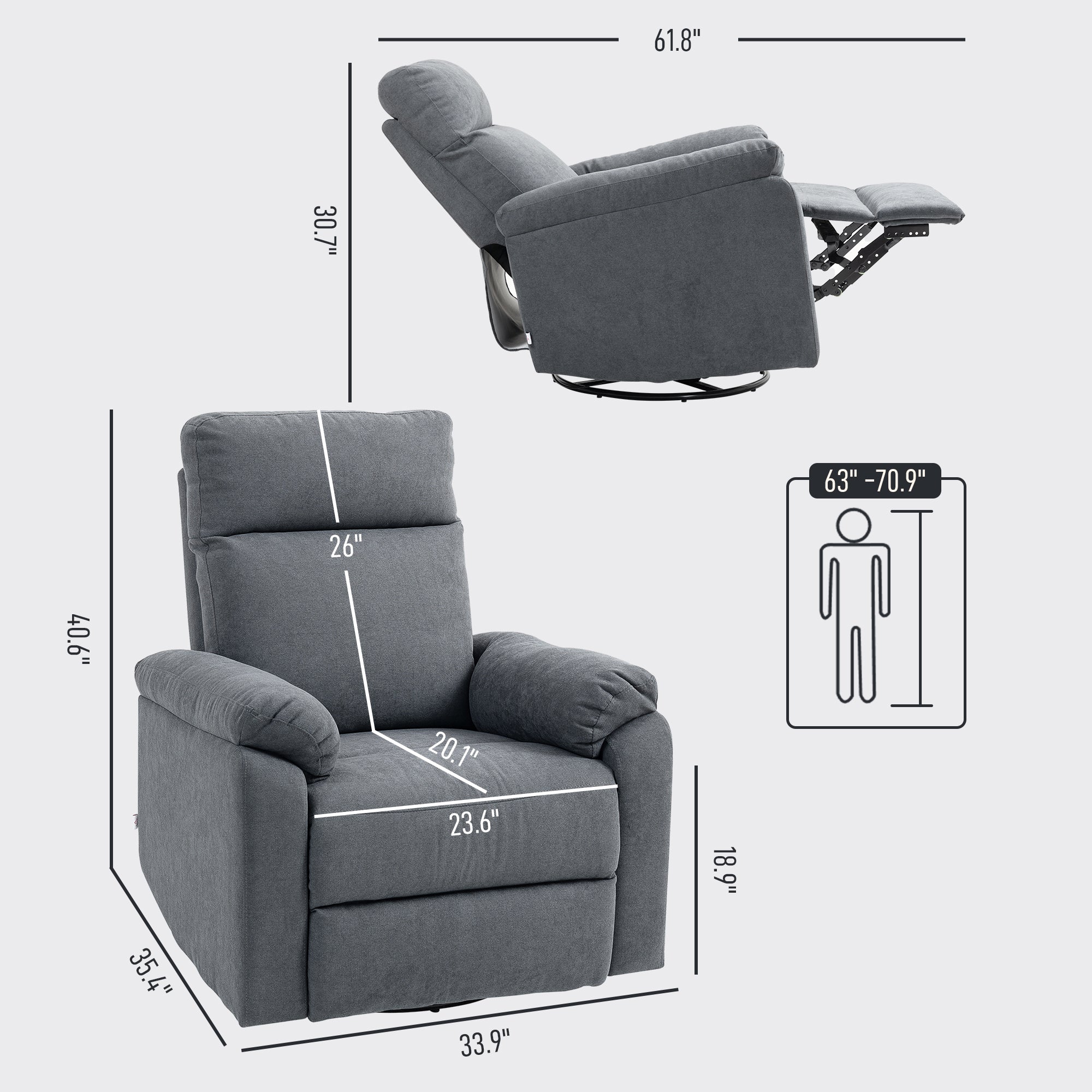 HOMCOM Swivel Rocker Recliner Chair, Wide Rocking Single Sofa with Pocket Spring, Footrest, Modern Fabric Overstuffed Reclining Chair for Living Room, Bedroom, Quick Assembly, Gray