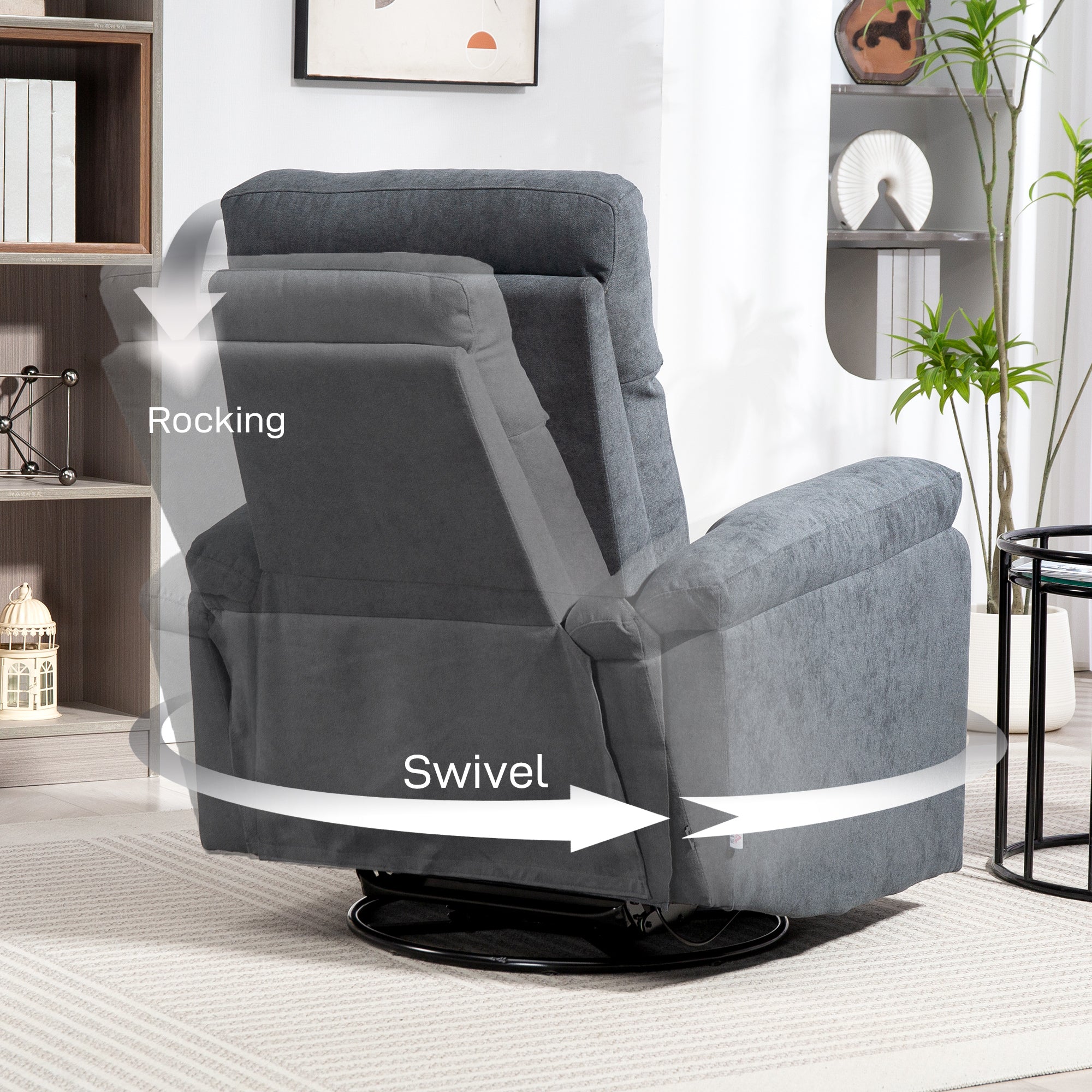 HOMCOM Swivel Rocker Recliner Chair, Wide Rocking Single Sofa with Pocket Spring, Footrest, Modern Fabric Overstuffed Reclining Chair for Living Room, Bedroom, Quick Assembly, Gray