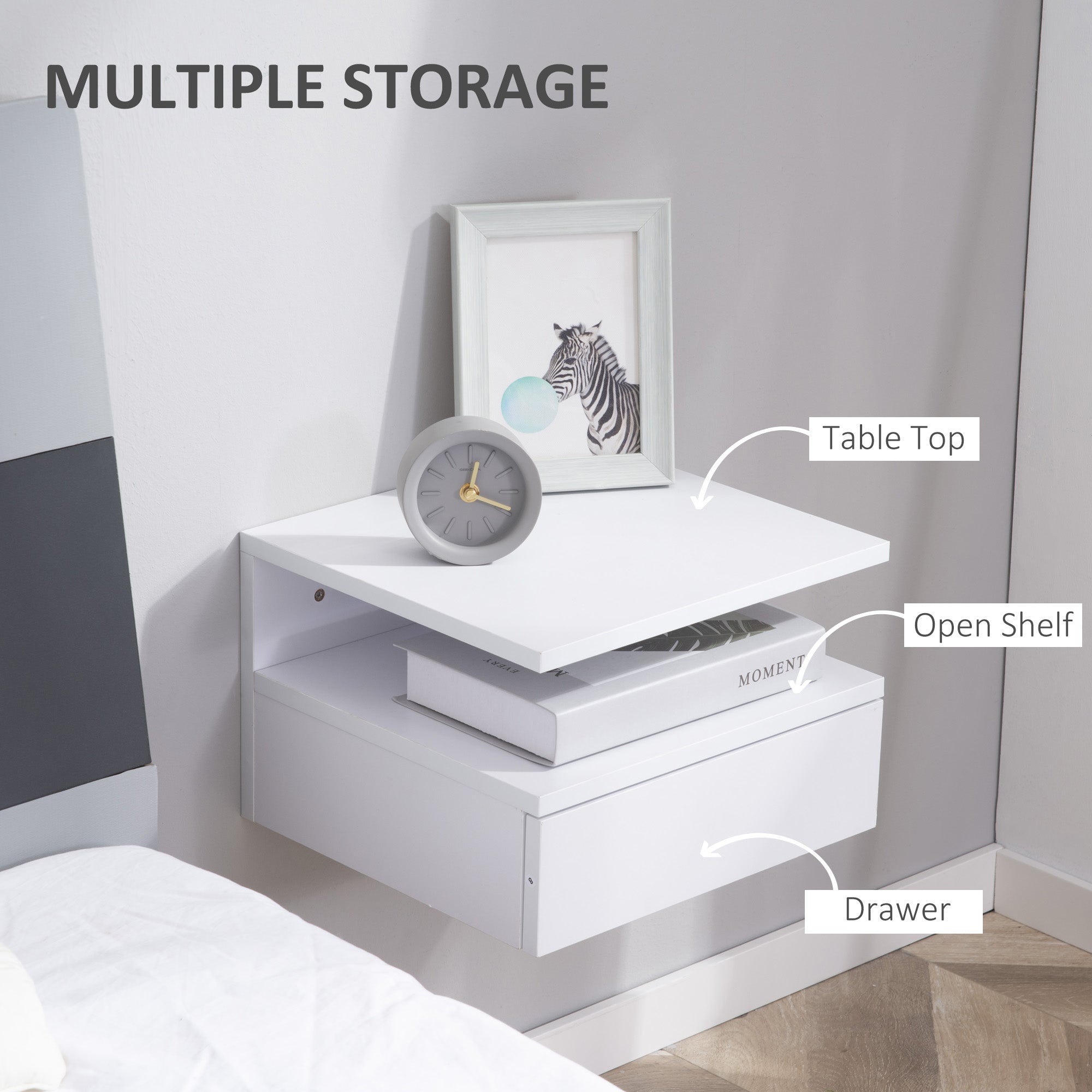 HOMCOM Floating Bedside Table Set of 2, Wall Mount Nightstands with Storage Drawer and Open Shelf for Bedroom, White