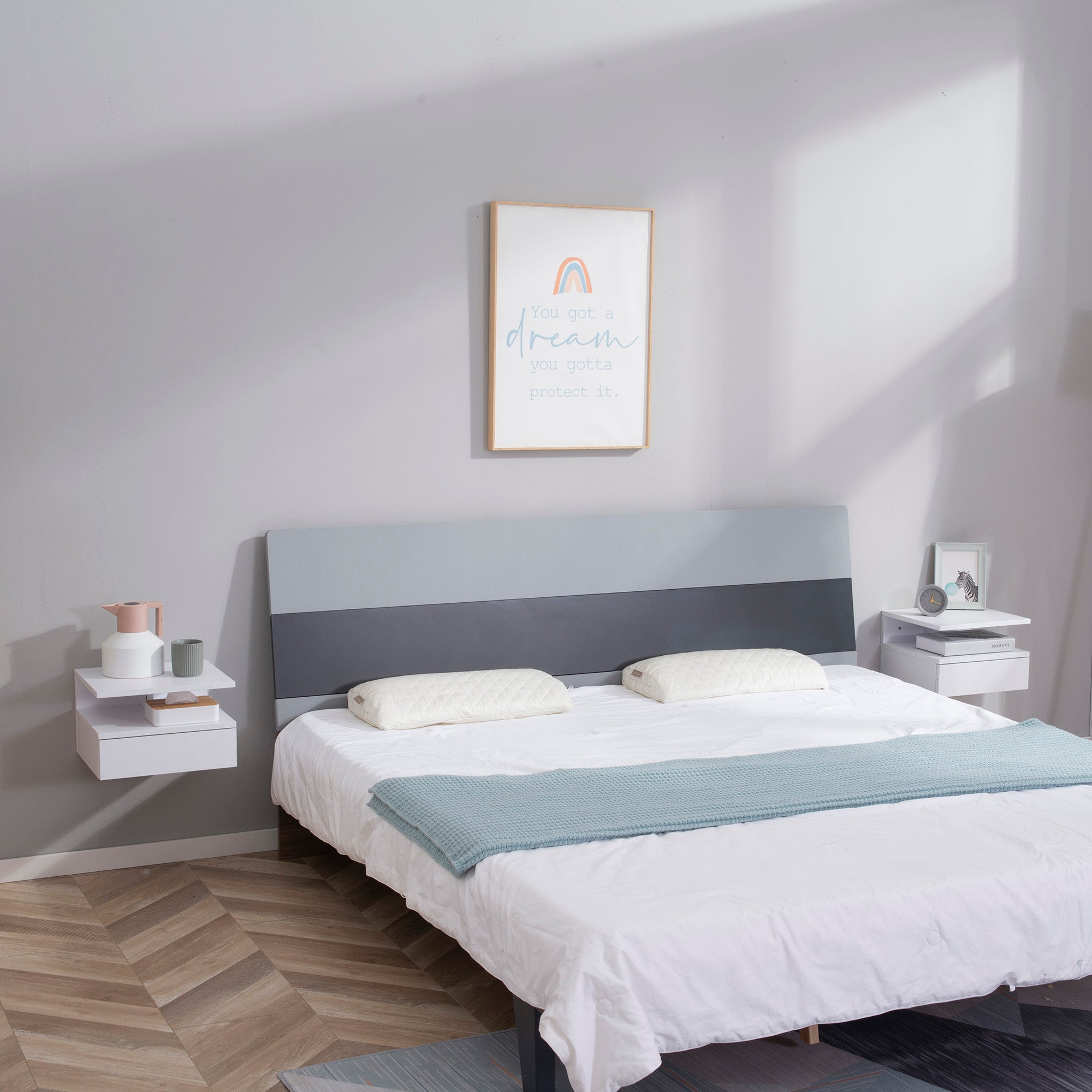 HOMCOM Floating Bedside Table Set of 2, Wall Mount Nightstands with Storage Drawer and Open Shelf for Bedroom, White