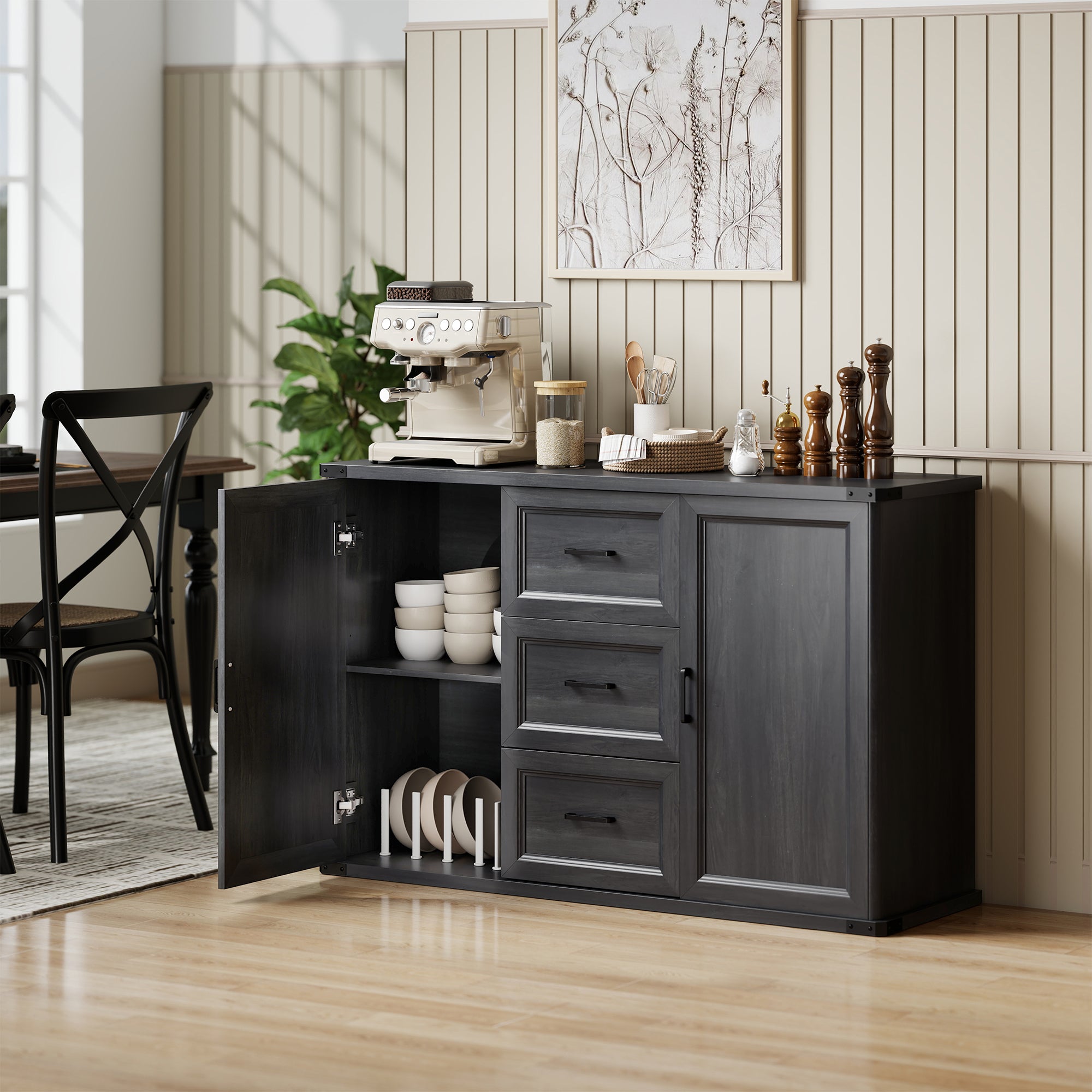 Modern Sideboard Buffet Cabinet with 3 Drawers and 2 Doors, 47" Coffee Bar Cabinet with Adjustable Shelves for Kitchen, Black Wood Grain