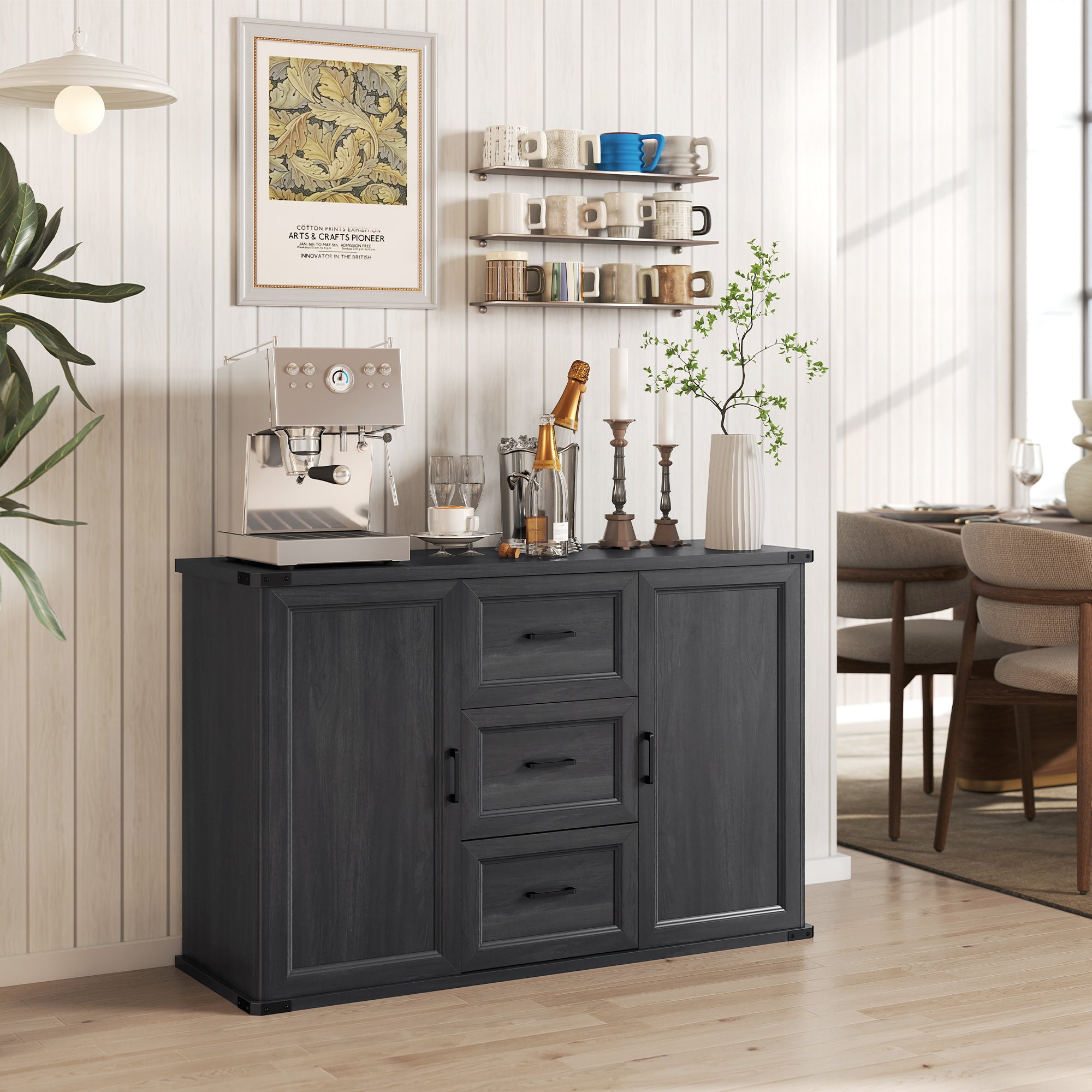 Modern Sideboard Buffet Cabinet with 3 Drawers and 2 Doors, 47" Coffee Bar Cabinet with Adjustable Shelves for Kitchen, Black Wood Grain