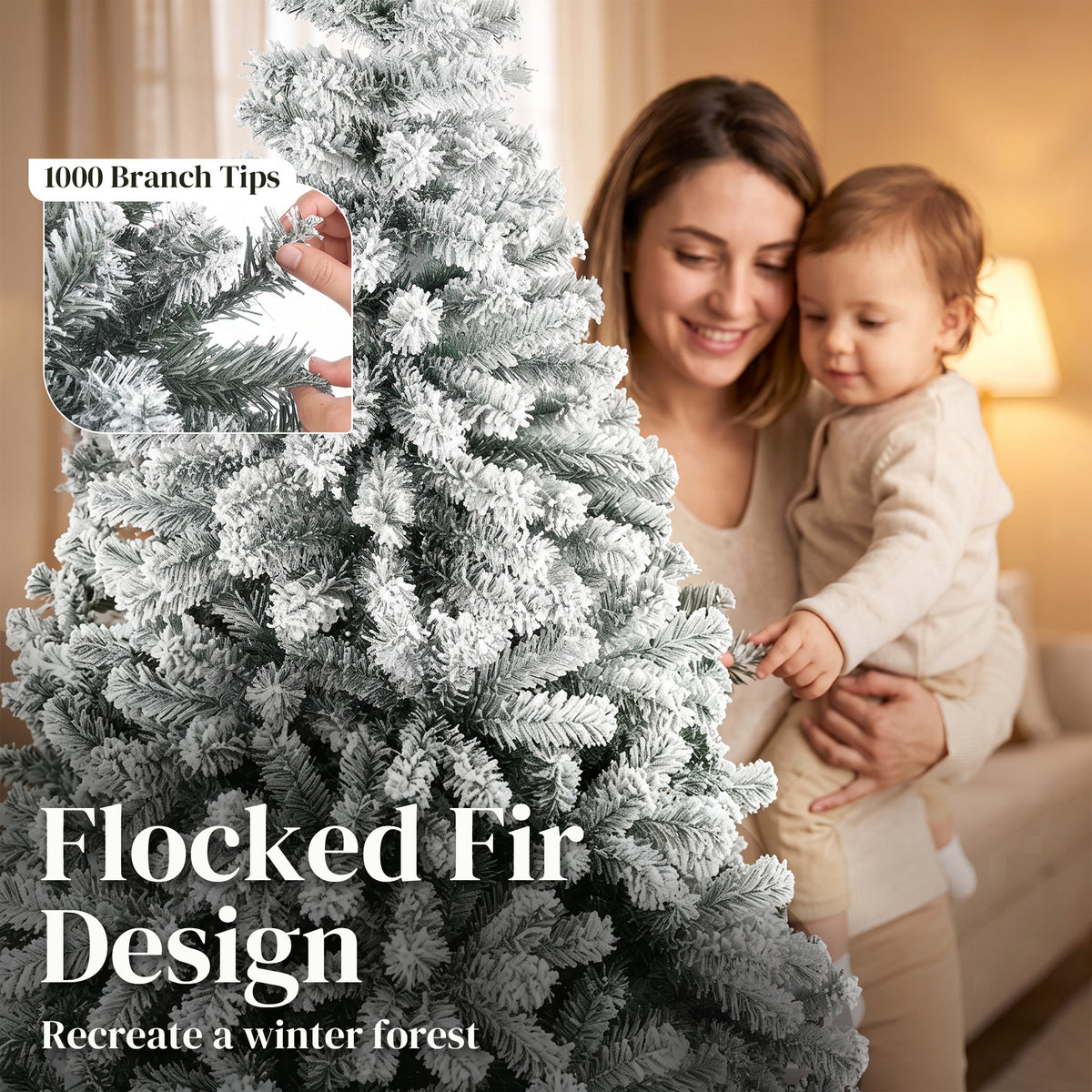 7ft Snow Flocked Christmas Tree with 1000 Branch Tips, Easy-Assembly Hinged Design, Artificial Full Fir Xmas Tree with Steel Stand for Home Office Holiday, Green and White