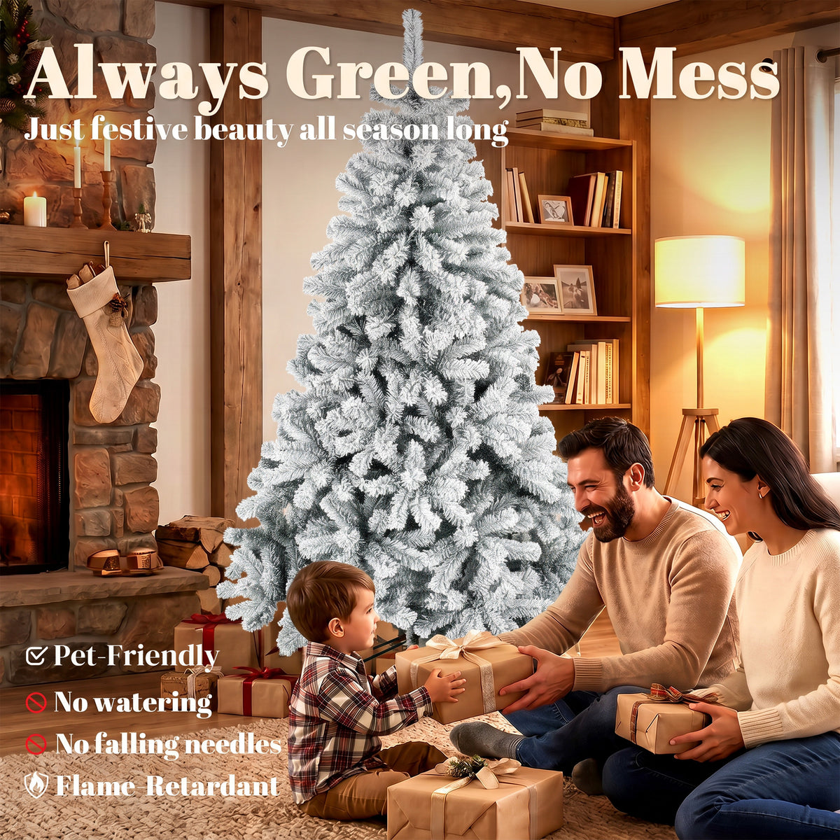 7ft Snow Flocked Christmas Tree with 1000 Branch Tips, Easy-Assembly Hinged Design, Artificial Full Fir Xmas Tree with Steel Stand for Home Office Holiday, Green and White
