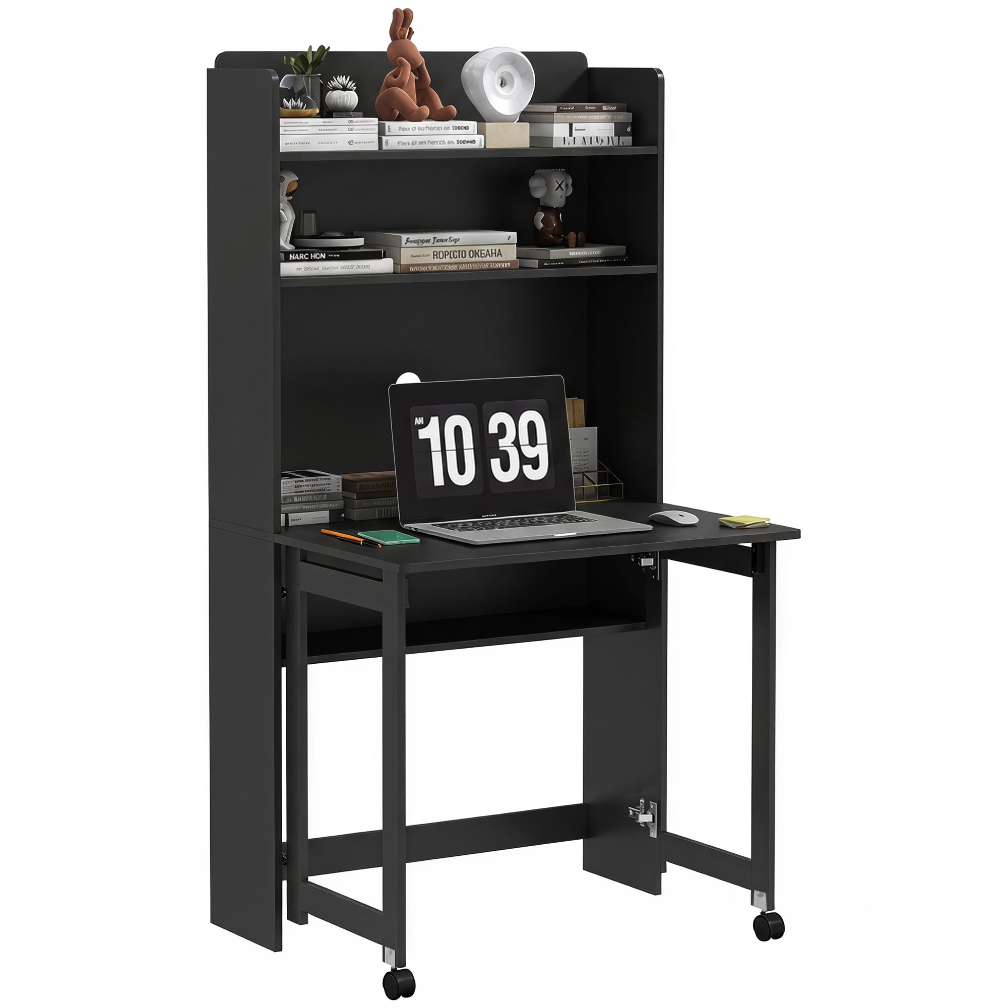 Computer Desk with Storage Shelves, Foldable Desktop with 2 Wheels, Study Table Workstation for Bedroom, Living Room and Home Office, 80 x 69 x 155 cm, Black