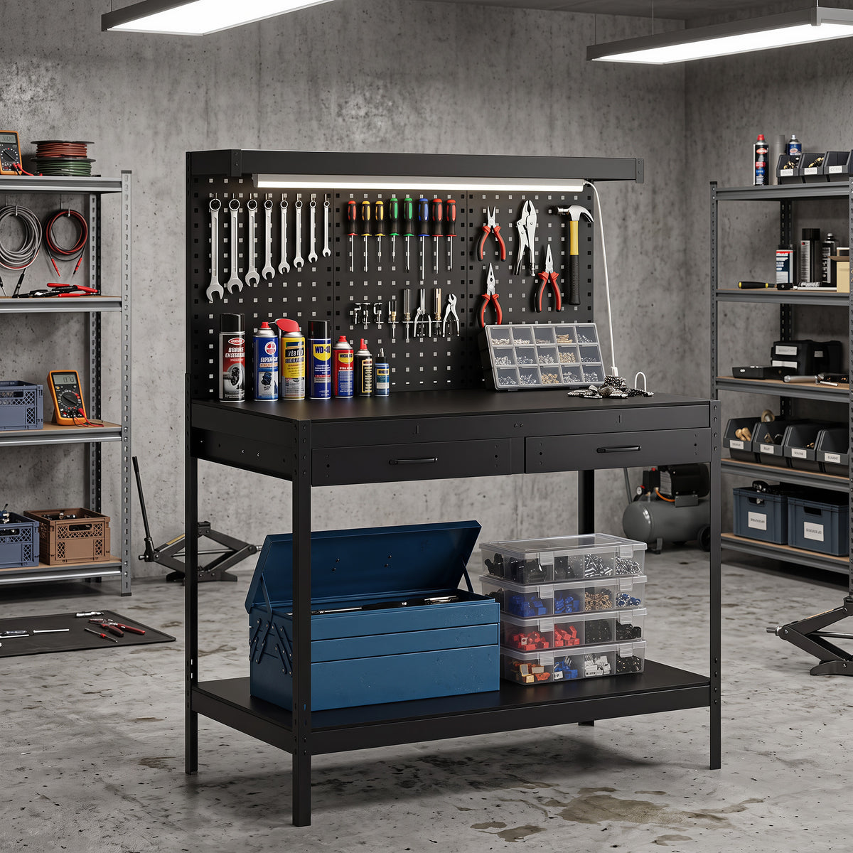 Workbench with Pegboard, Heavy Duty Work Table with Power Strip and LED Light, 43" x 24" Workstation with 2 Drawers and Shelf, 600 lbs. Capacity for Garage Workshop, Black