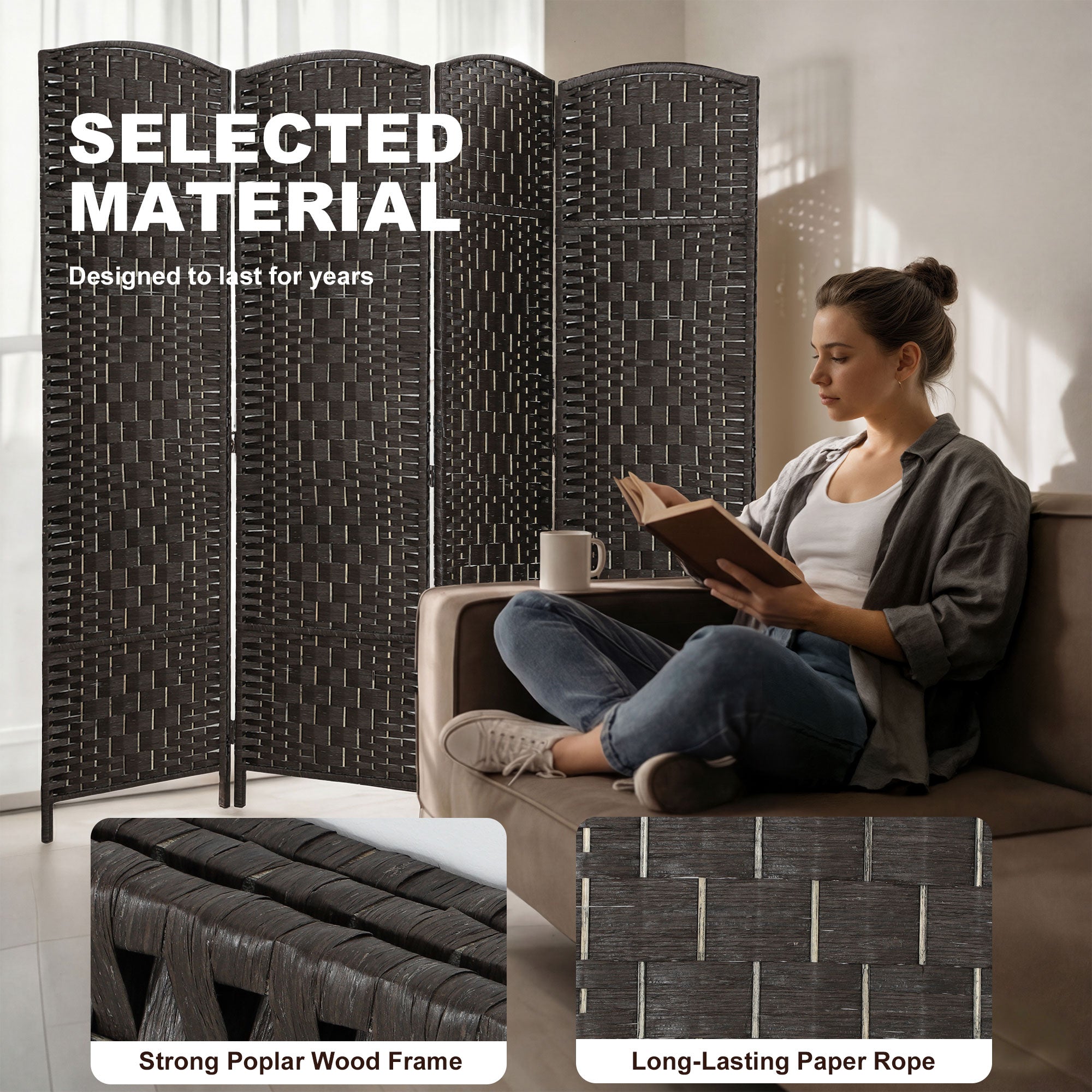 Room Divider, 4 Panel Folding Privacy Screen, 70.9" Tall Portable Wicker Weave Partition Wall Divider for Bedroom, Home Office, Coffee