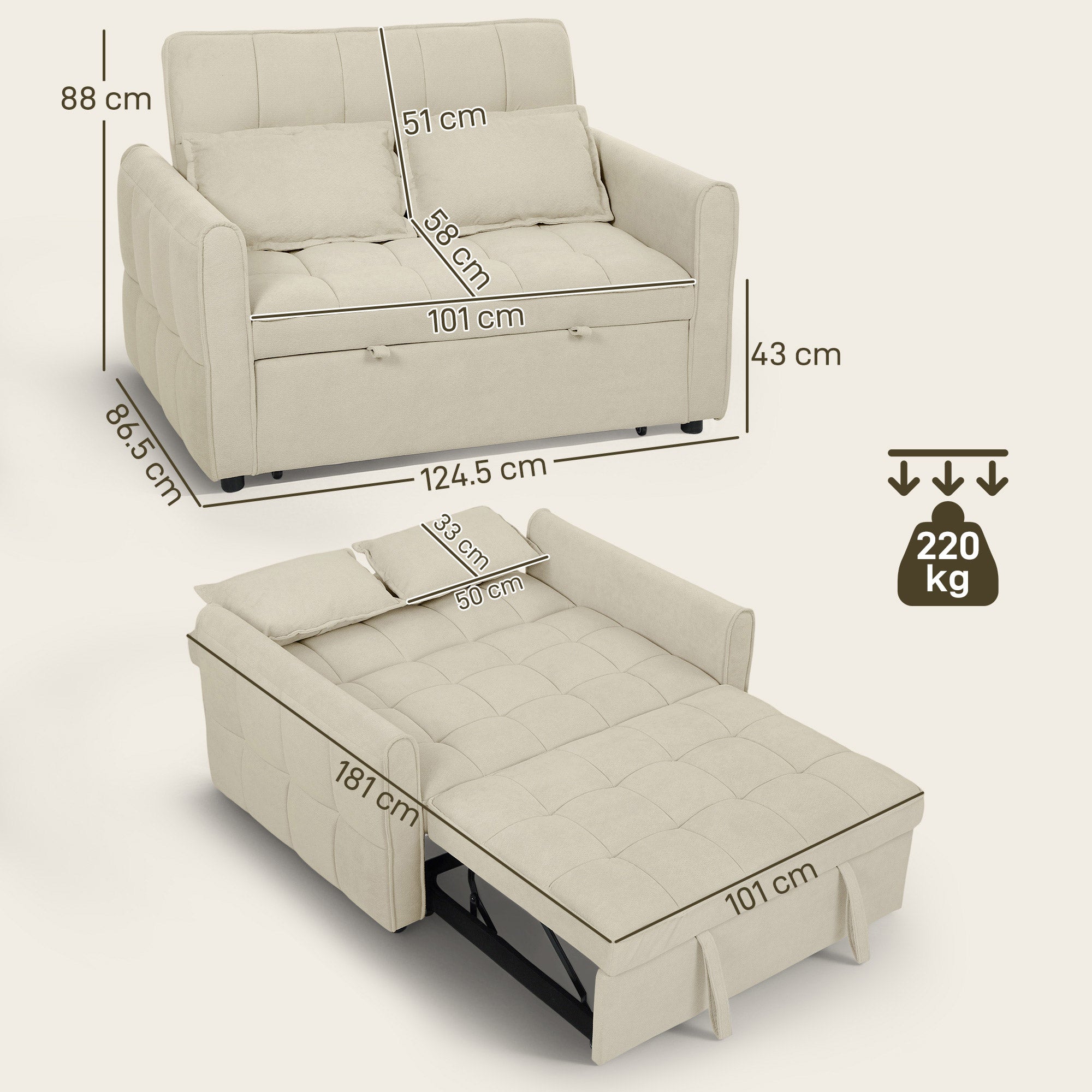 2 Seater Sofa Bed, 3-in-1 Convertible Sleeper Sofa with Click-clack Adjustable Backrest and 2 Pillows, Pull Out Corn Velvet-feel Fabric Bed Settee for Living Room, Guest Room, Light Brown