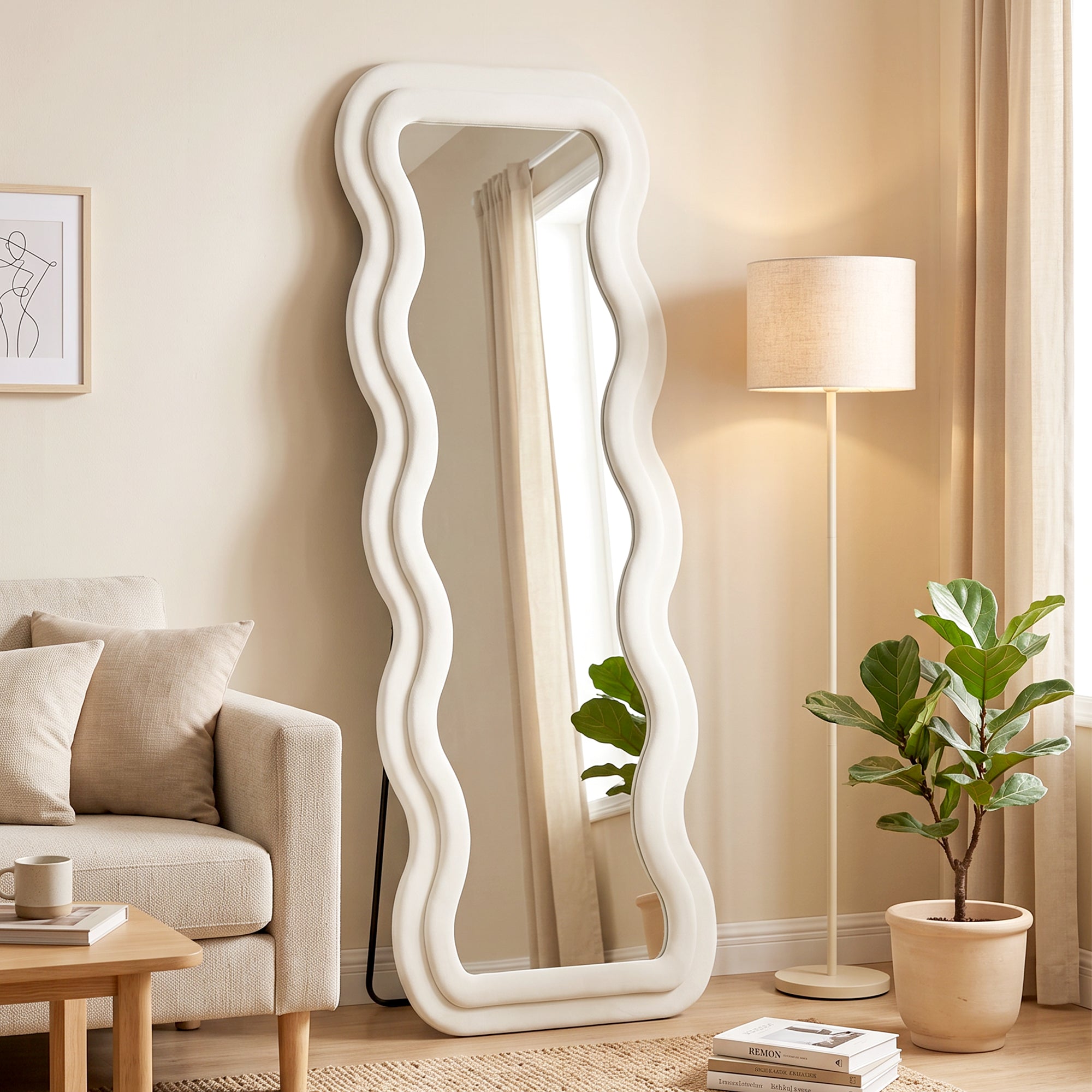 Full Length Mirror, 160 x 60 cm Wavy Large Full Body Standing Mirror with Velvet Frame, HD Tempered Glass, Floor Standing, Wall Hanging or Leaning for Bedroom, Living Room, Cream White