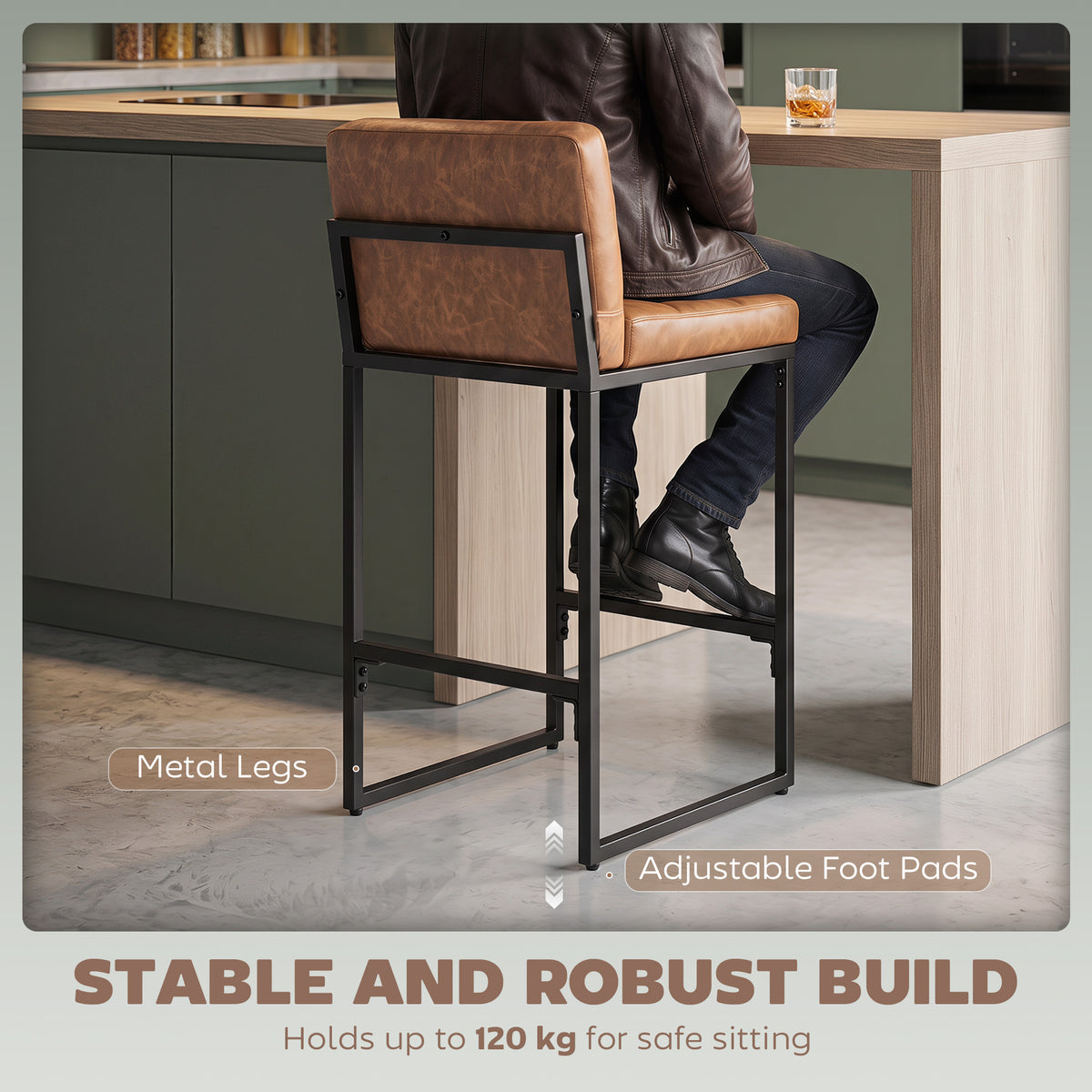 Bar Stools Set of 2, Retro Padded Counter Height Stools with Back and Metal Leg, Vintage PU Leather, Easy-Clean Kitchen Chairs, Brown