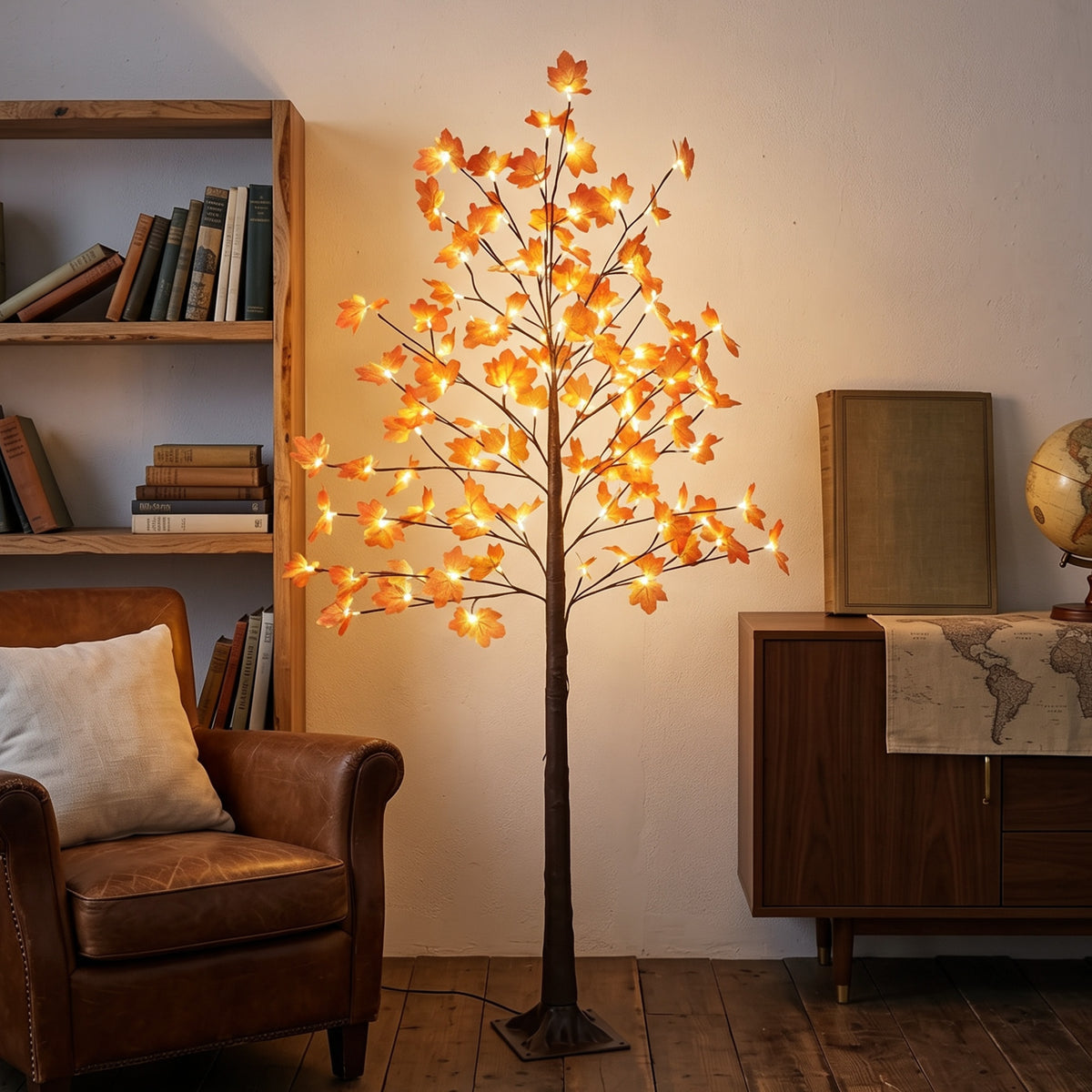 6FT Artificial Lighted Maple Tree with 96 LED Lights, Daily Timer, Fall Decoration with 8 Bendable Branches for Home Indoor Sheltered Outdoor, Thanksgiving Decor
