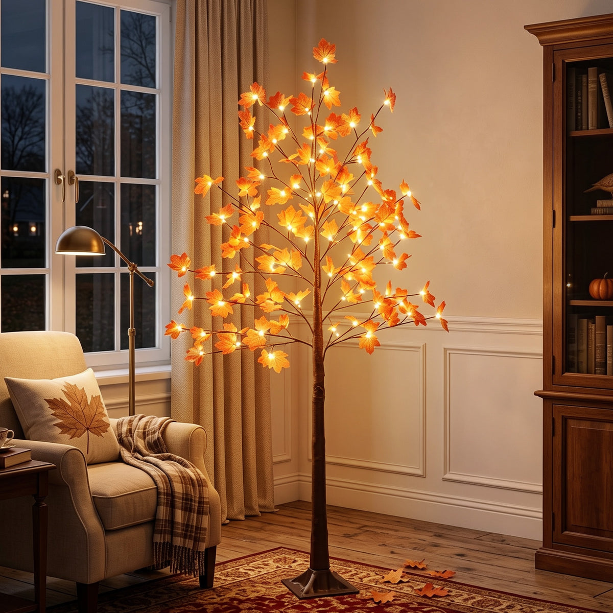 6FT Artificial Lighted Maple Tree with 96 LED Lights, Daily Timer, Fall Decoration with 8 Bendable Branches for Home Indoor Sheltered Outdoor, Thanksgiving Decor