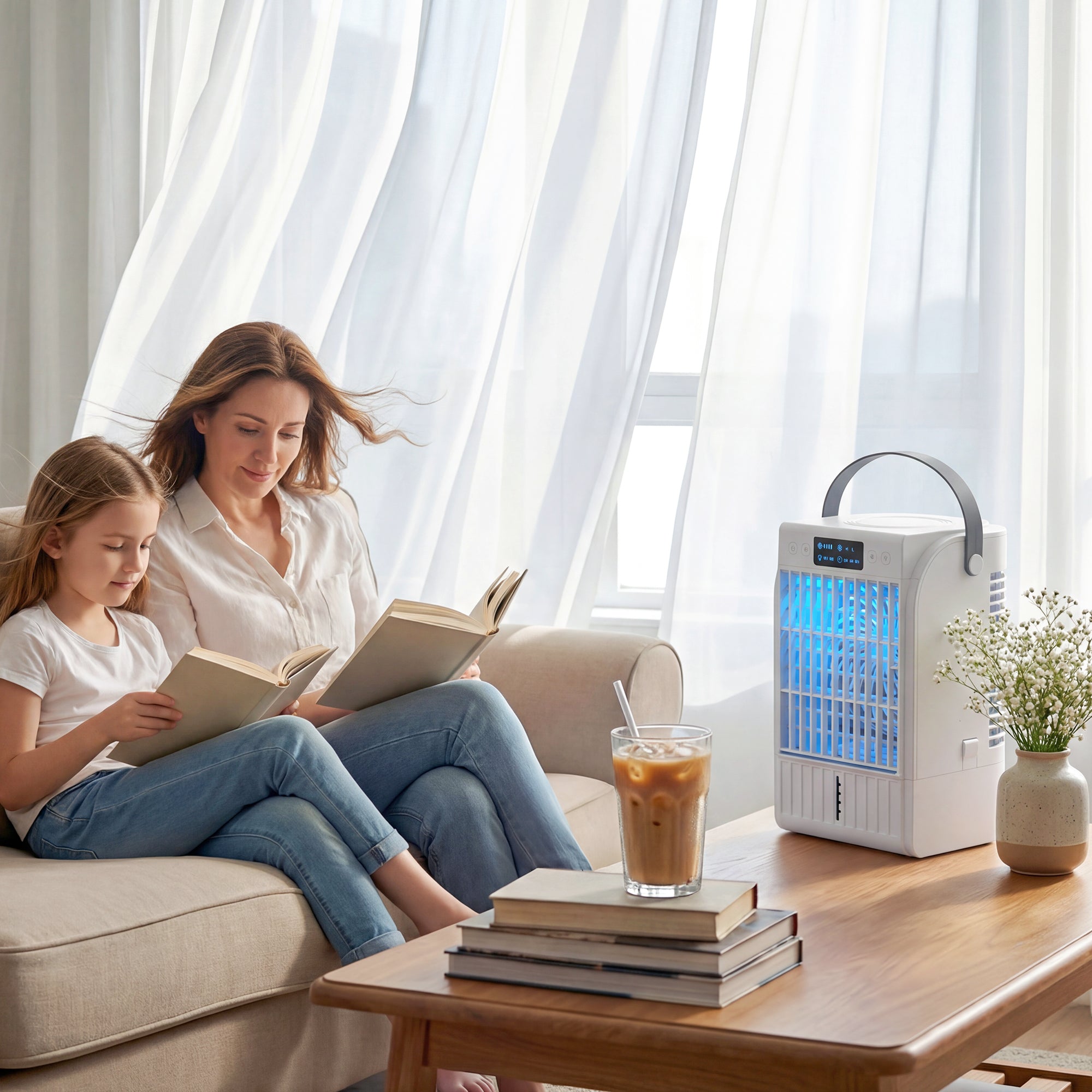 6.7 Inch Desk Fan with RGB Light, Misting Cooler and Humidifier, Table Fan with 4-Speed, 0.4 Gallons Water Tank, Air Circulator for Bedrooms Dorm Rooms Home Office, White