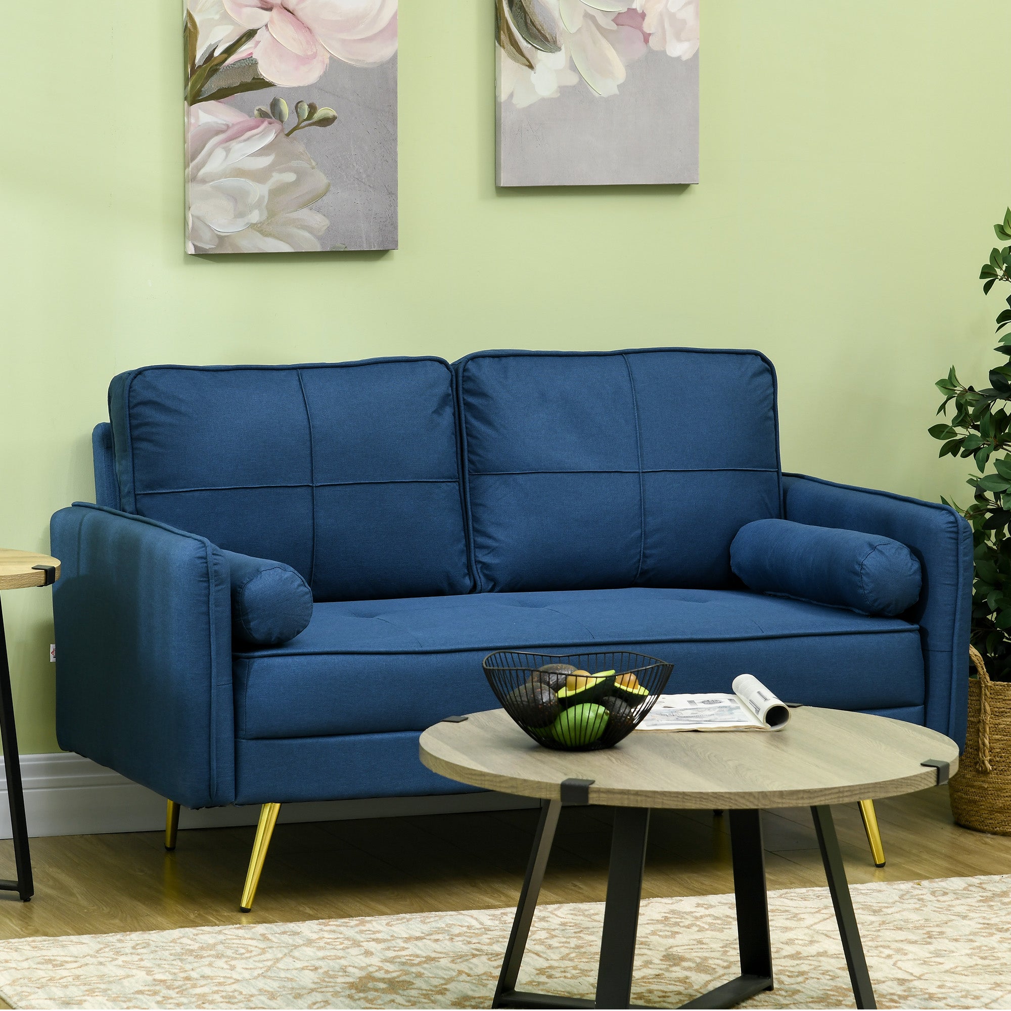 HOMCOM 56" Loveseat Sofa for Bedroom with Back Cushions and Pillows, Modern Love Seats Furniture, Upholstered 2 Seater Couch with Solid Wood Frame and Steel Legs, Blue