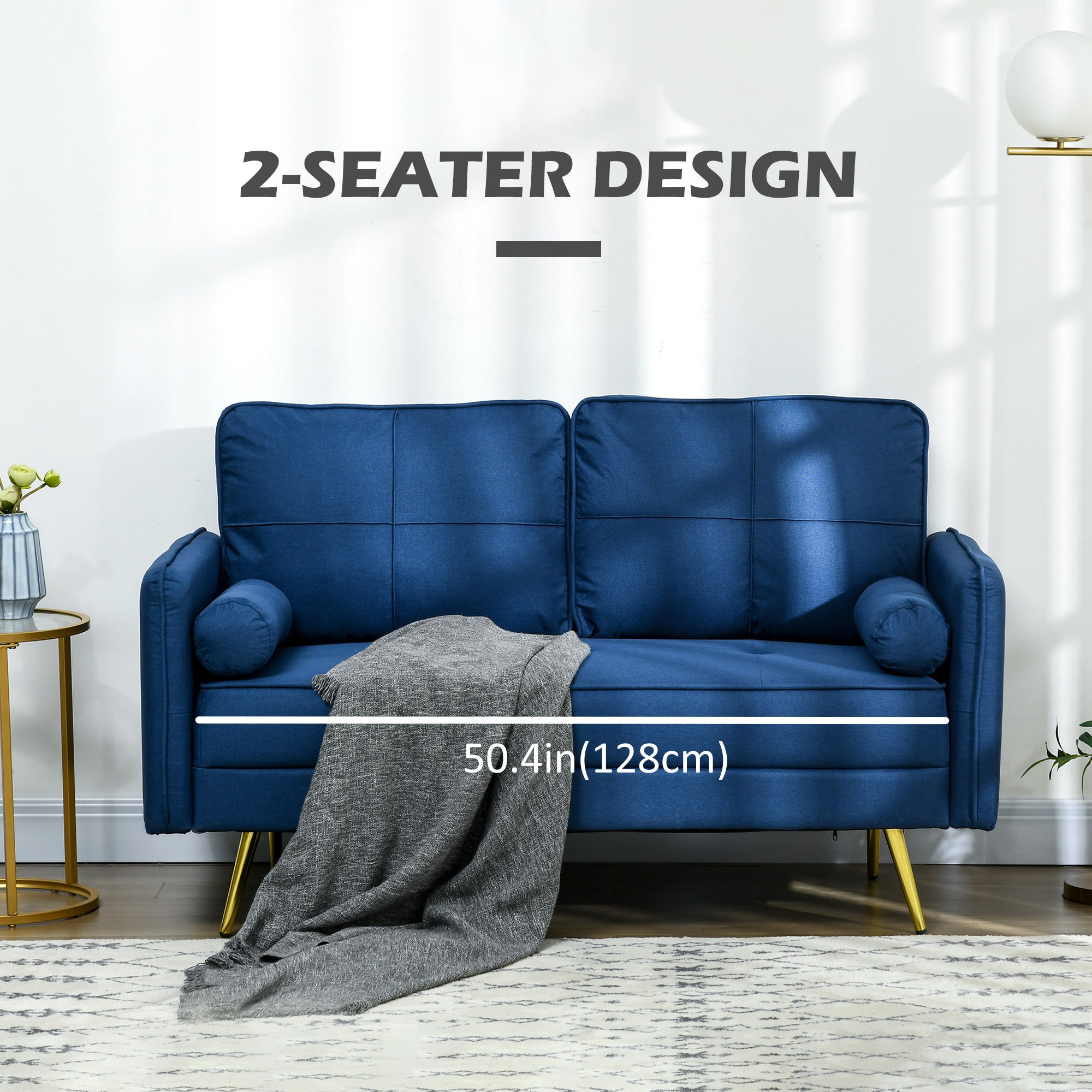 HOMCOM 56" Loveseat Sofa for Bedroom with Back Cushions and Pillows, Modern Love Seats Furniture, Upholstered 2 Seater Couch with Solid Wood Frame and Steel Legs, Blue
