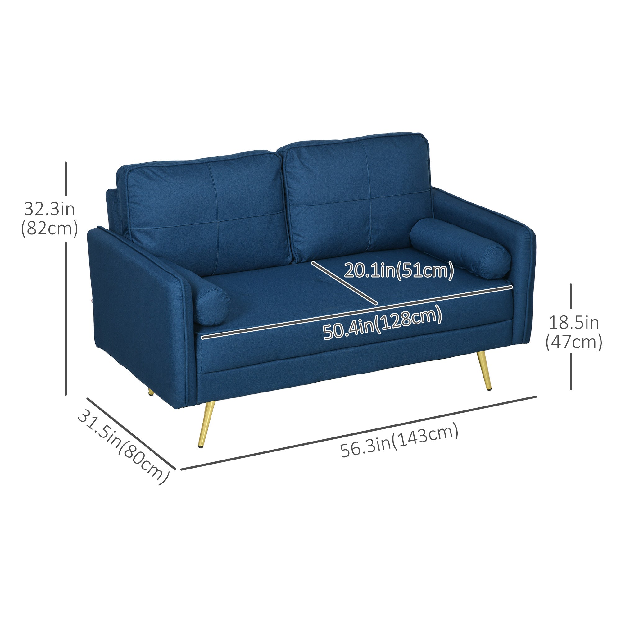 HOMCOM 56" Loveseat Sofa for Bedroom with Back Cushions and Pillows, Modern Love Seats Furniture, Upholstered 2 Seater Couch with Solid Wood Frame and Steel Legs, Blue