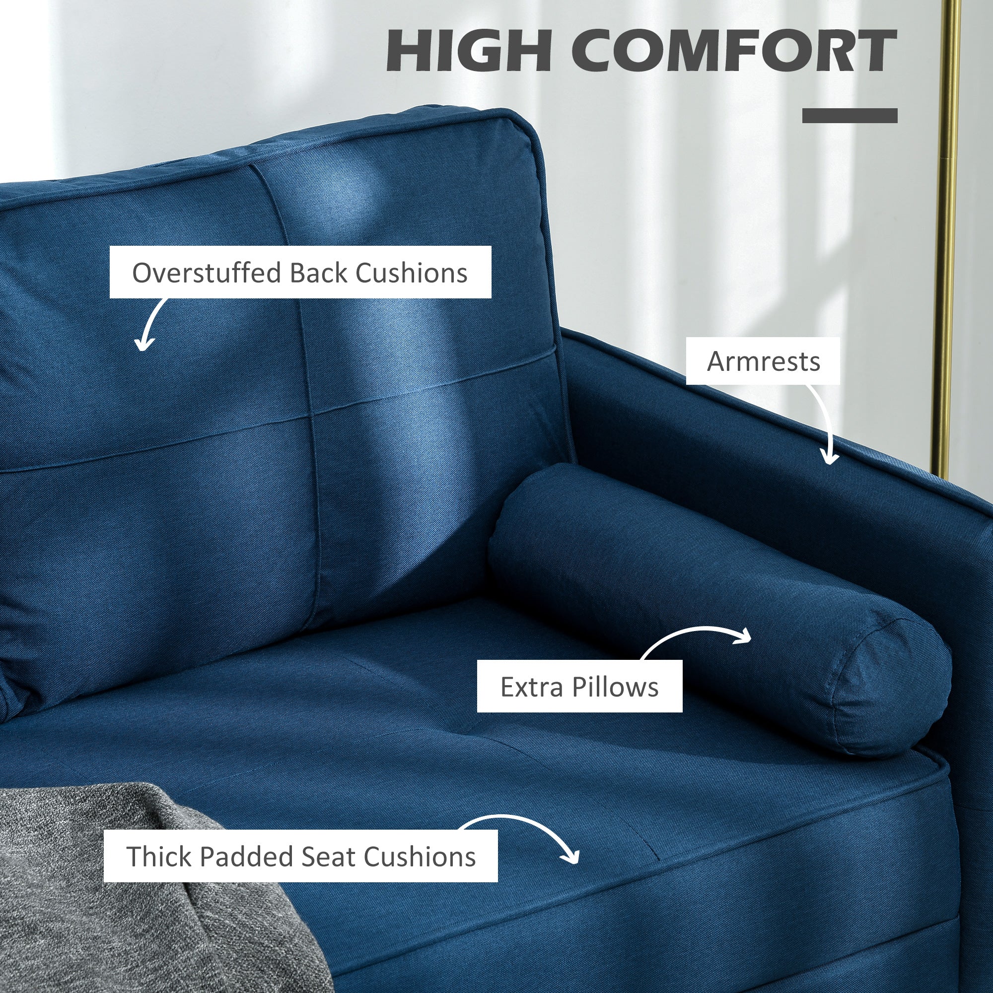 HOMCOM 56" Loveseat Sofa for Bedroom with Back Cushions and Pillows, Modern Love Seats Furniture, Upholstered 2 Seater Couch with Solid Wood Frame and Steel Legs, Blue