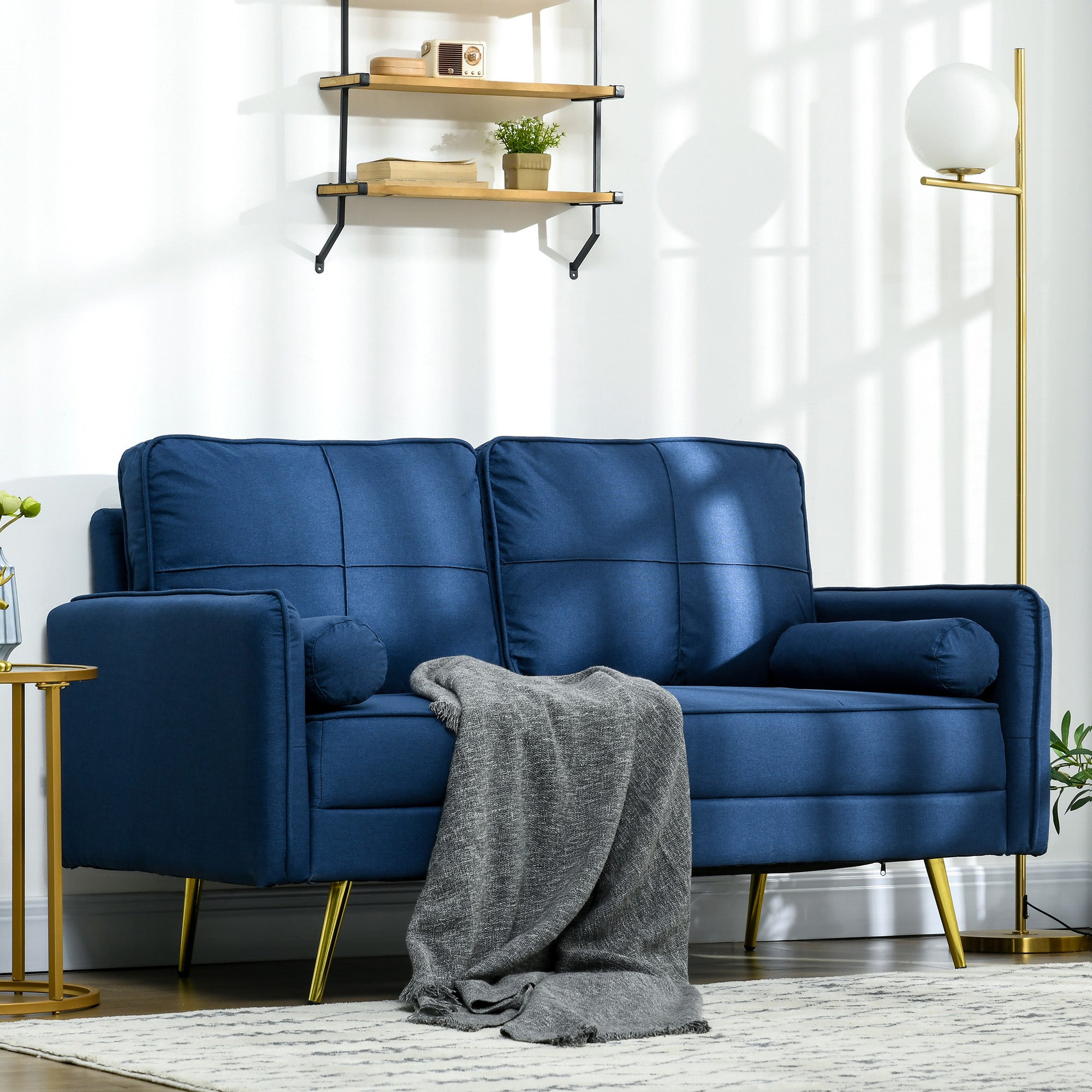 HOMCOM 56" Loveseat Sofa for Bedroom with Back Cushions and Pillows, Modern Love Seats Furniture, Upholstered 2 Seater Couch with Solid Wood Frame and Steel Legs, Blue