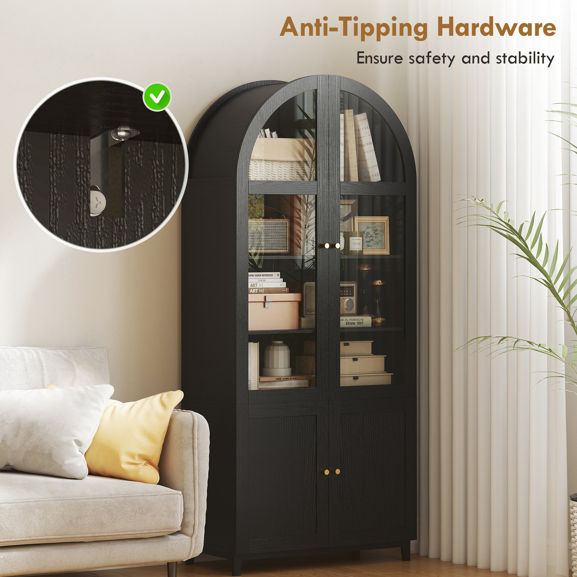 71" Tall Arched Kitchen Pantry Cabinet, Farmhouse Freestanding Kitchen Storage Cabinet with Adjustable Shelves, Acrylic Doors for Living Room, Dining Room, Black - HOMCOM