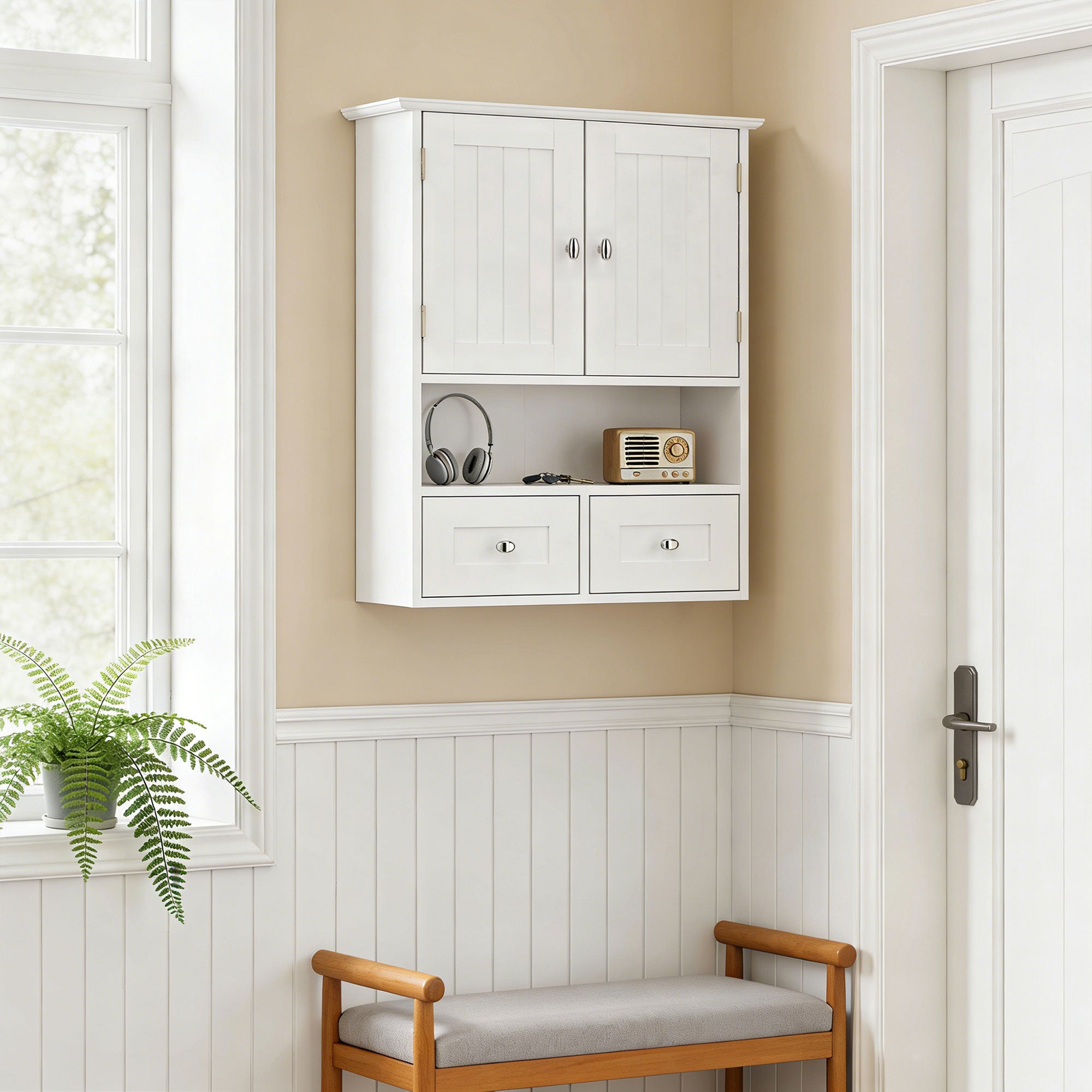 Armoire murale de salle de bain, armoire à pharmacie avec étagère et tiroirs, blanche, à placer au-dessus des toilettes