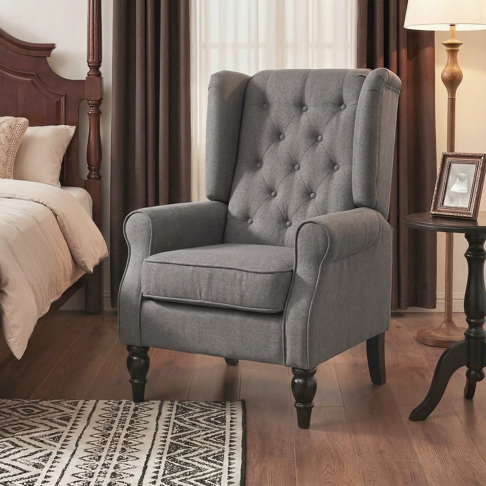 Retro Button Tufted Accent Armchair with Wooden Frame and Legs for Living Room, Bedroom, Dark Grey - HOMCOM