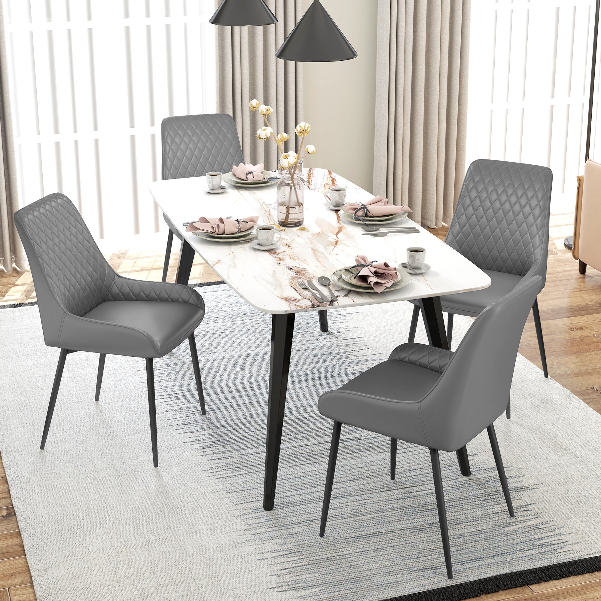 Set of 2 PU Leather Dining Chairs with Tufted Backs & Steel Legs, Grey - HOMCOM