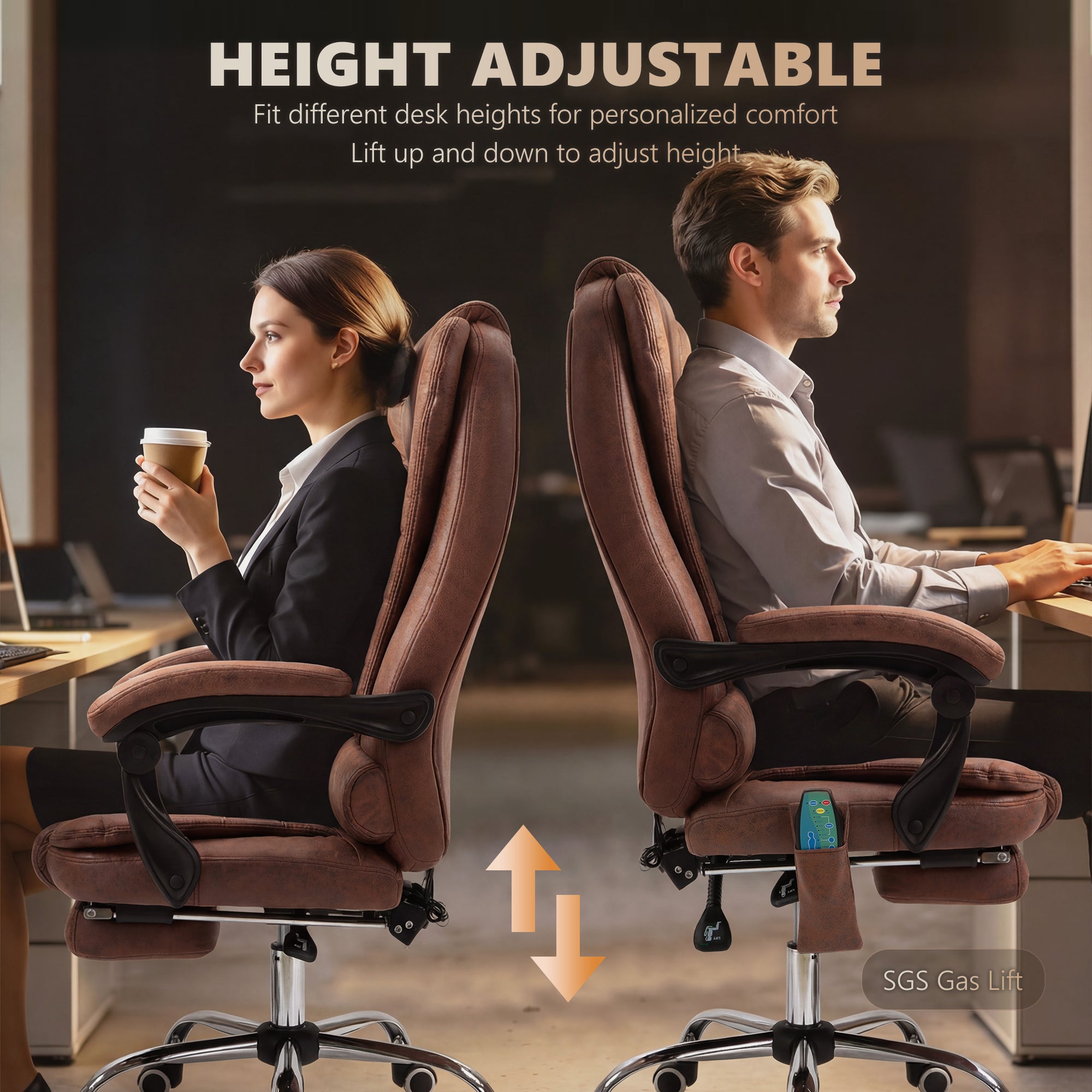 Office Chair with 6-Point Massage and Back Heat, Reclining Back & Footrest, Brown