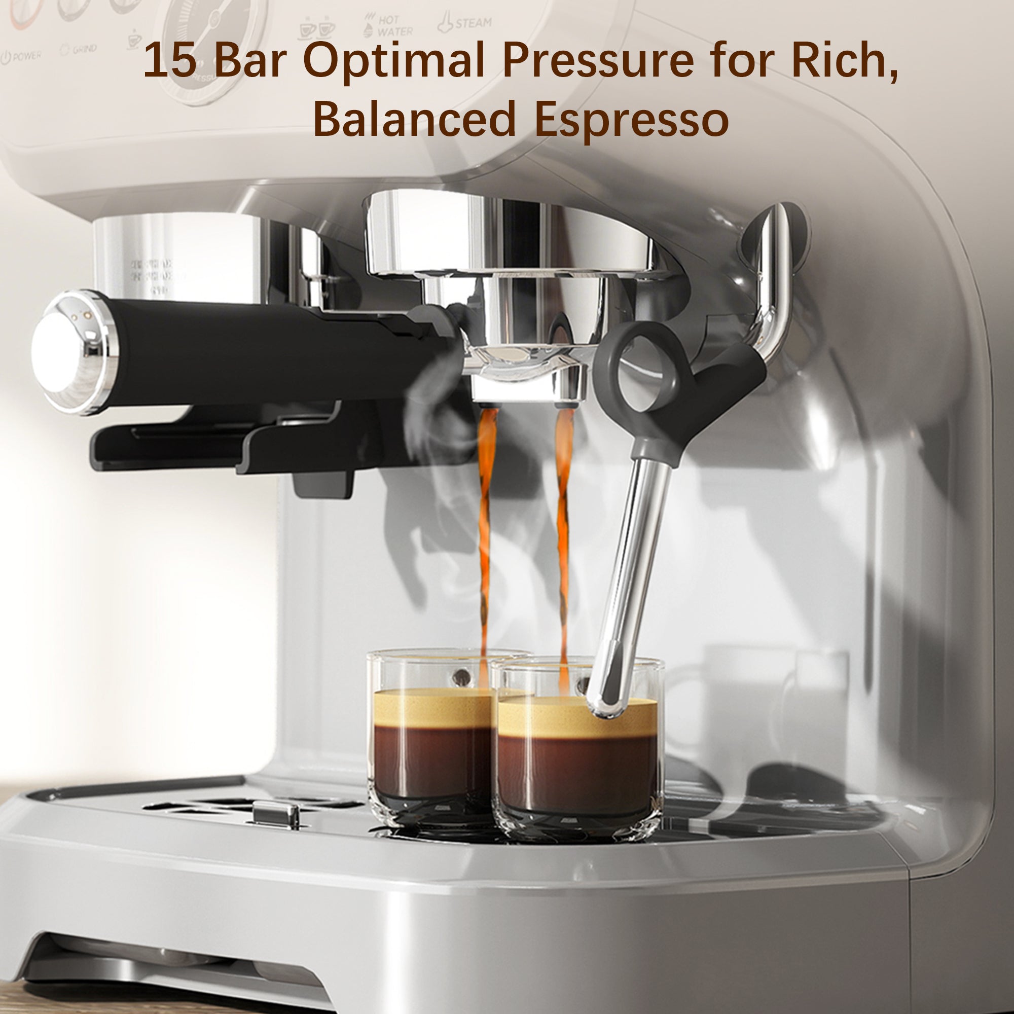 Espresso Machine with Integrated Bean Grinder & Steam Wand, Stainless Steel Silver