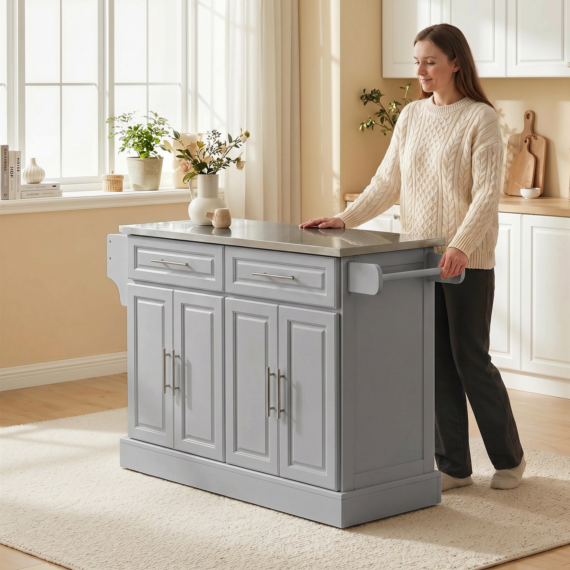 Rolling Kitchen Island with Storage Portable Cart with Stainless Steel Top 2 Drawers Gray