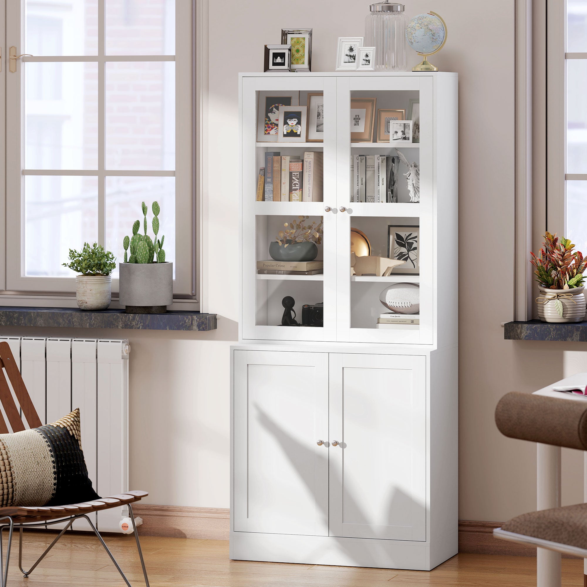 Modern Bookcase with Glass Doors, Display Storage Cabinet w/ Adjustable Shelves, White - HOMCOM