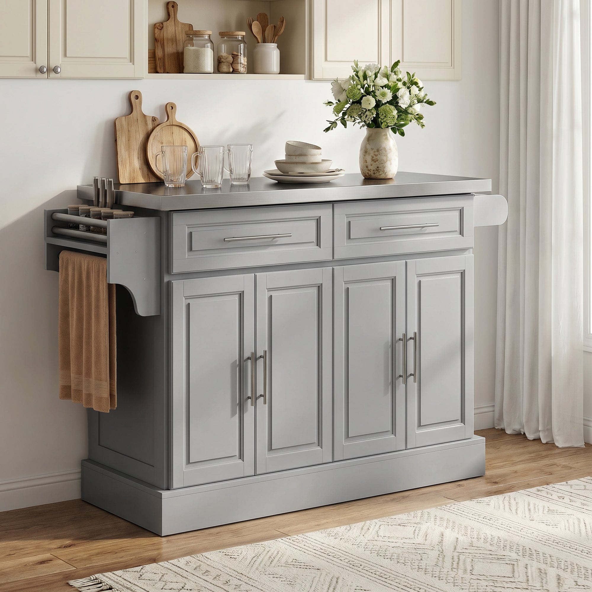 Rolling Kitchen Island with Storage Portable Cart with Stainless Steel Top 2 Drawers Gray