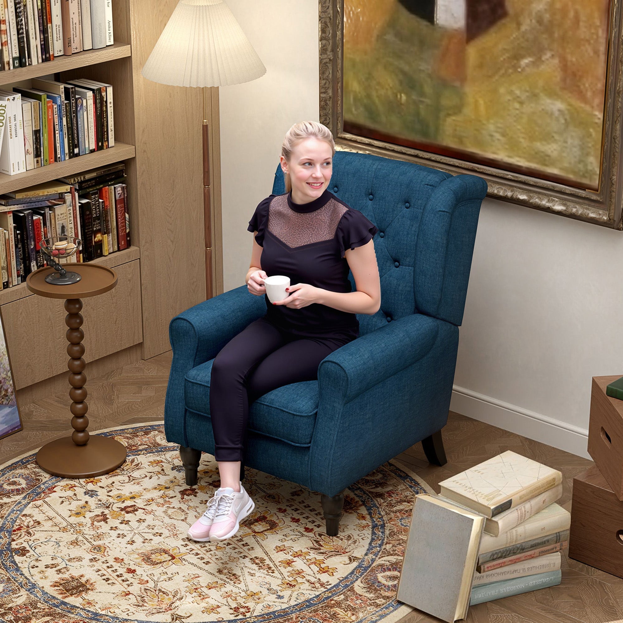 Mid-Century Accent Chair w/ High Wingback, Button-Tufted Fabric & Retro Wood Legs, Blue