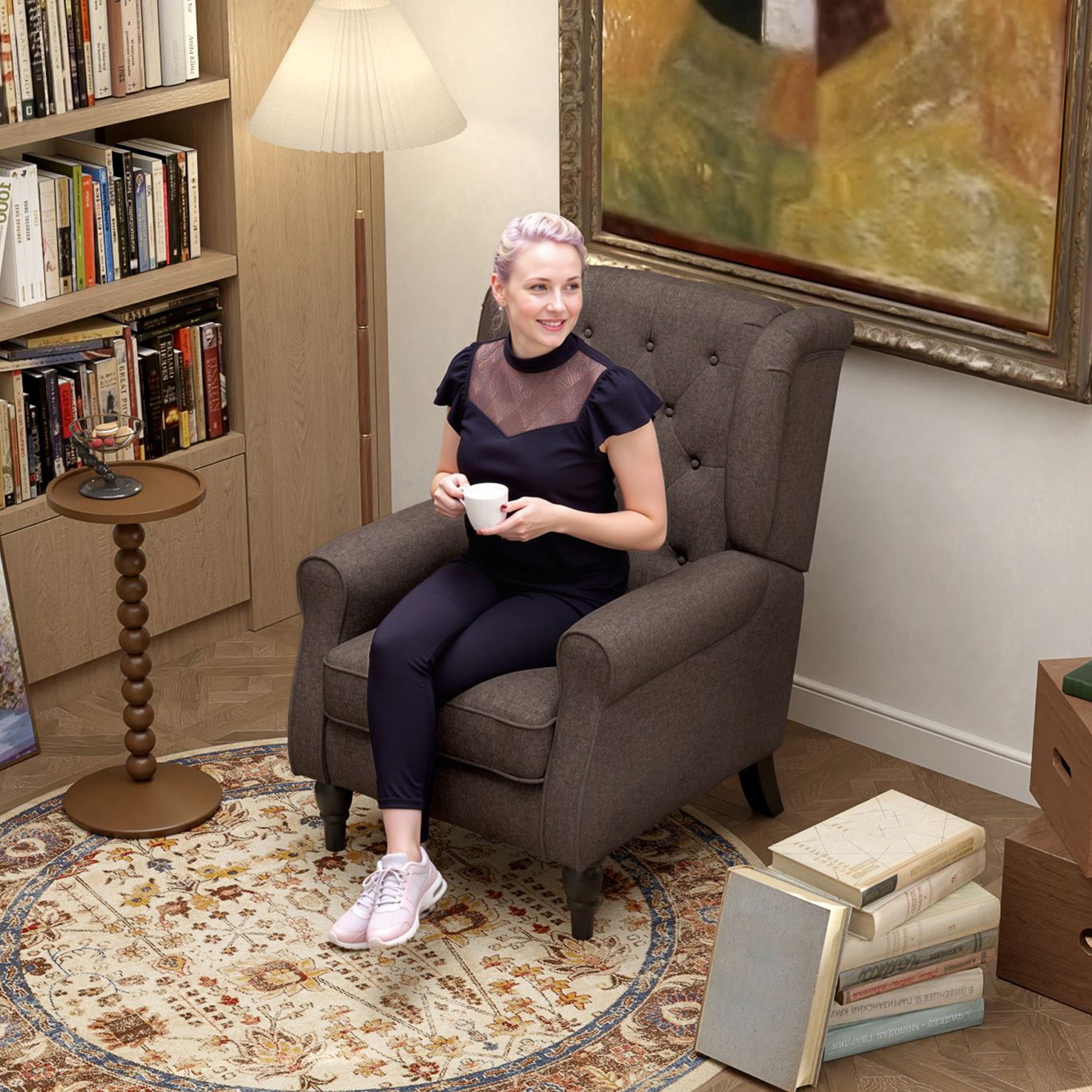 Mid-CenturyAccent Chair w/ High Wingback, Button-Tufted Fabric & Retro Wood Legs, Dark Brown - HOMCOM