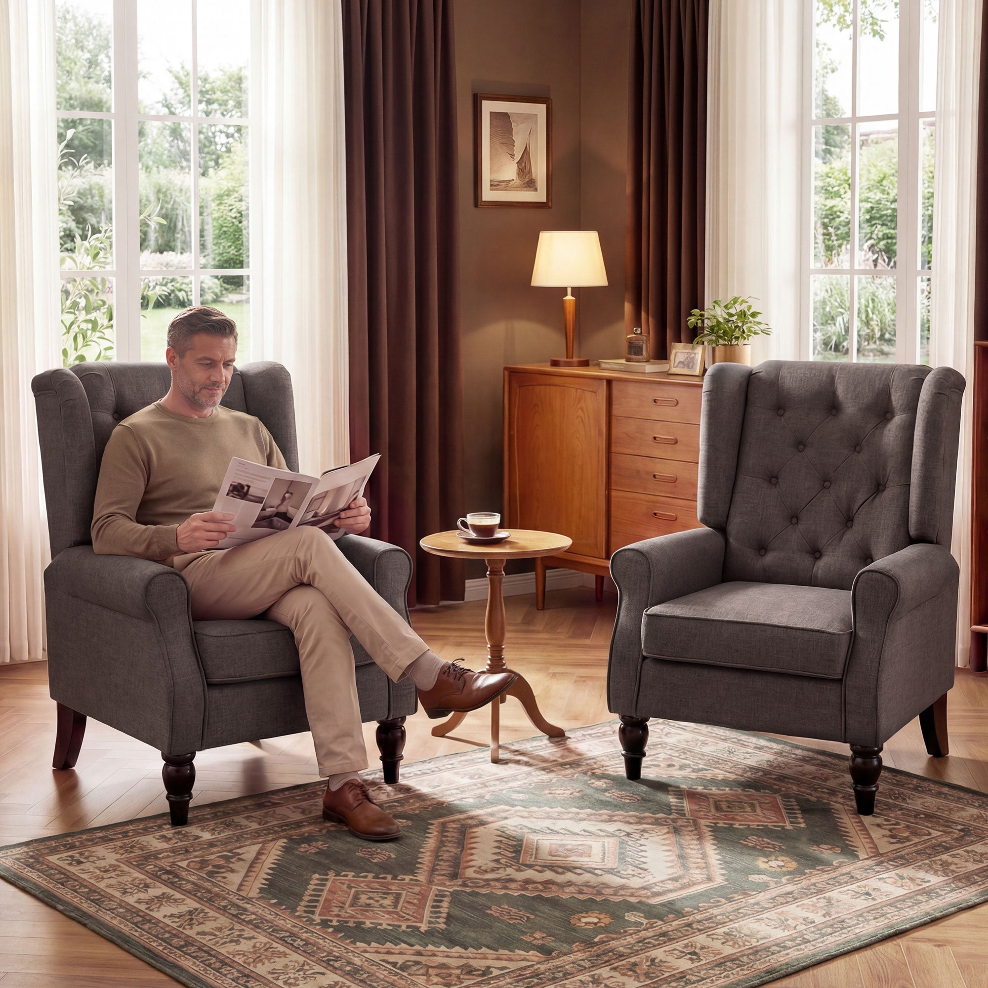 Mid-CenturyAccent Chair w/ High Wingback, Button-Tufted Fabric & Retro Wood Legs, Dark Brown - HOMCOM