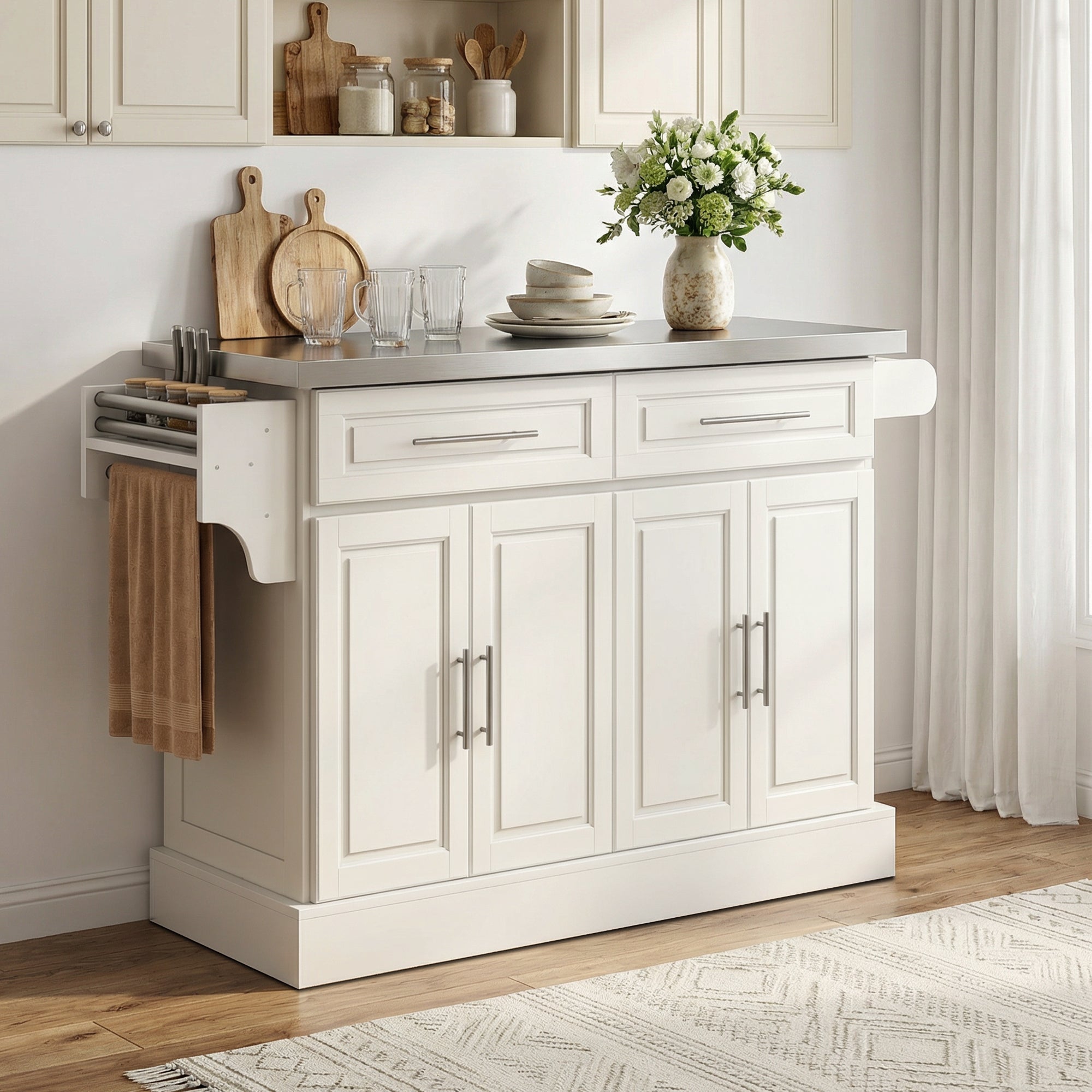 36" Stainless Steel Top Kitchen Island with Storage Drawers, Racks & Cabinets, Cream White - HOMCOM