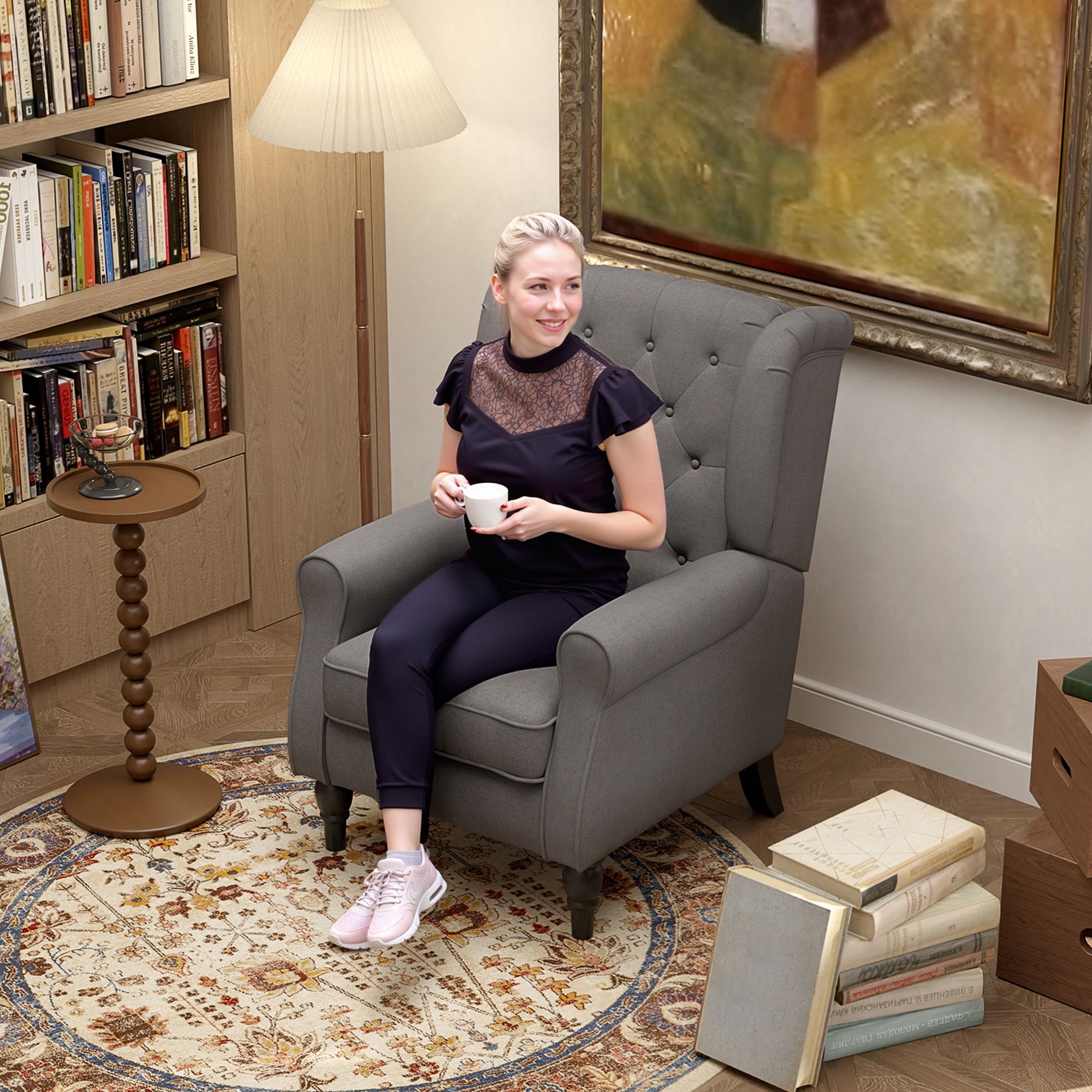 Retro Button Tufted Accent Armchair with Wooden Frame and Legs for Living Room, Bedroom, Dark Grey