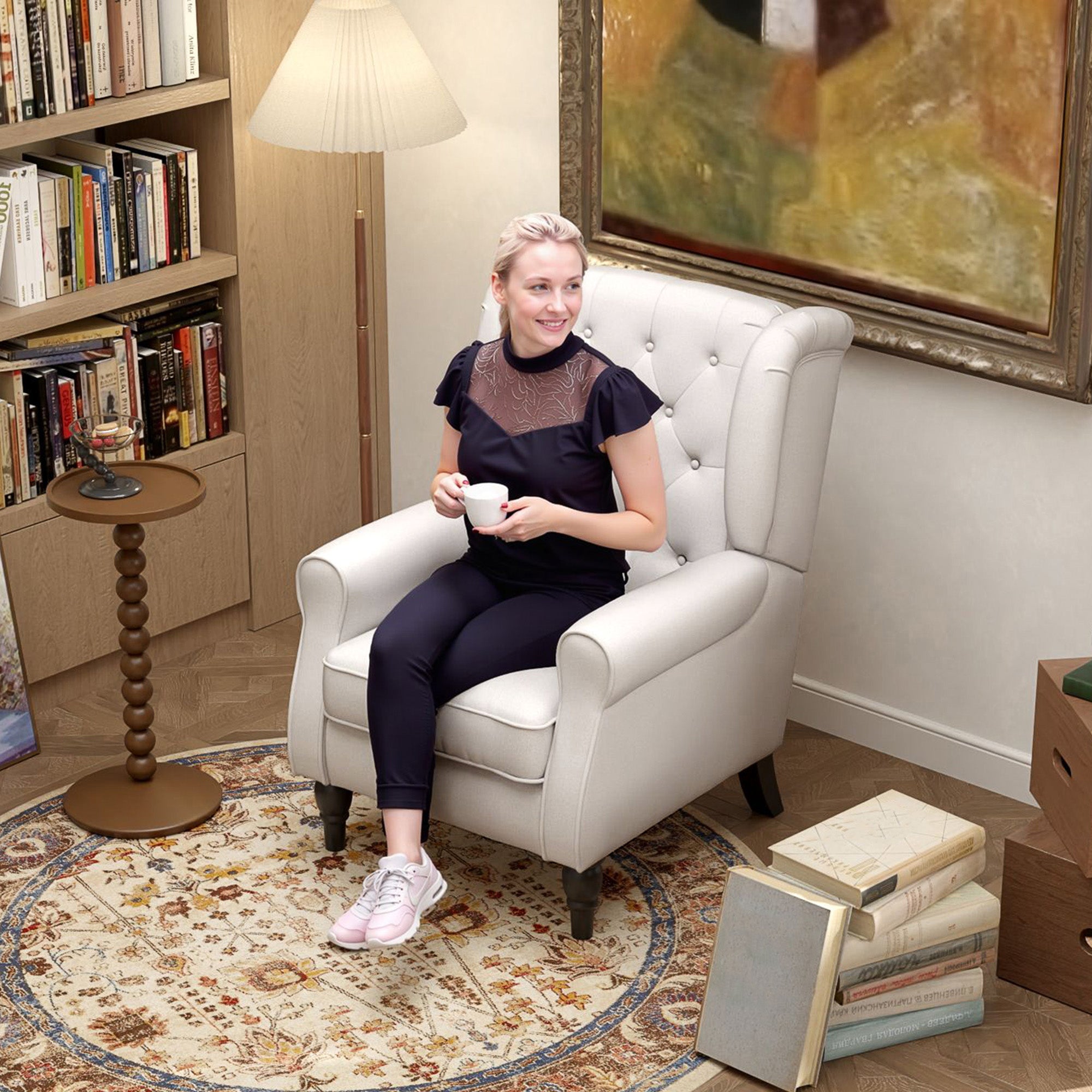 Mid-Century Accent Chair w/ High Wingback, Button-Tufted Fabric & Retro Wood Legs, Cream White