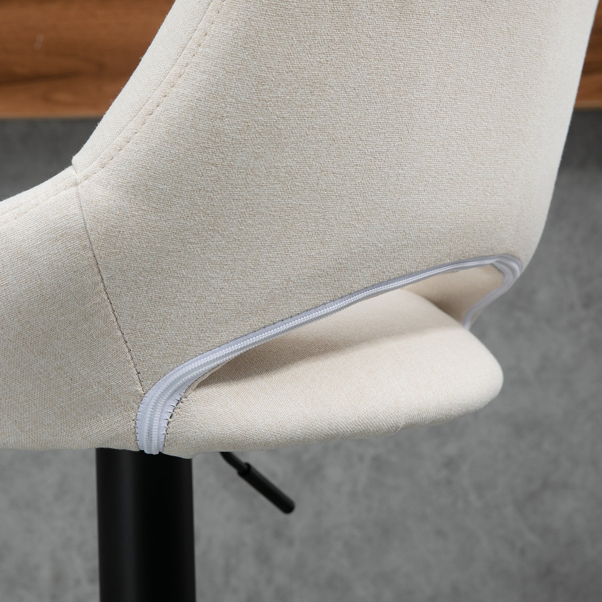 Set of 2 Adjustable Linen Swivel Bar Stools with Round Metal Base, Cream