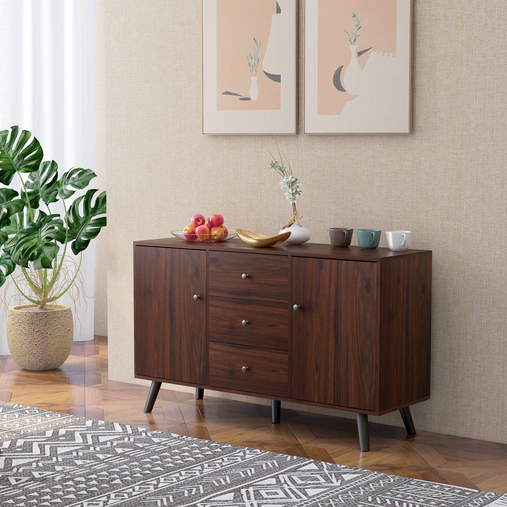 Vintage Sideboard with 3 Drawers & Adjustable Shelves, Rustic Brown - HOMCOM
