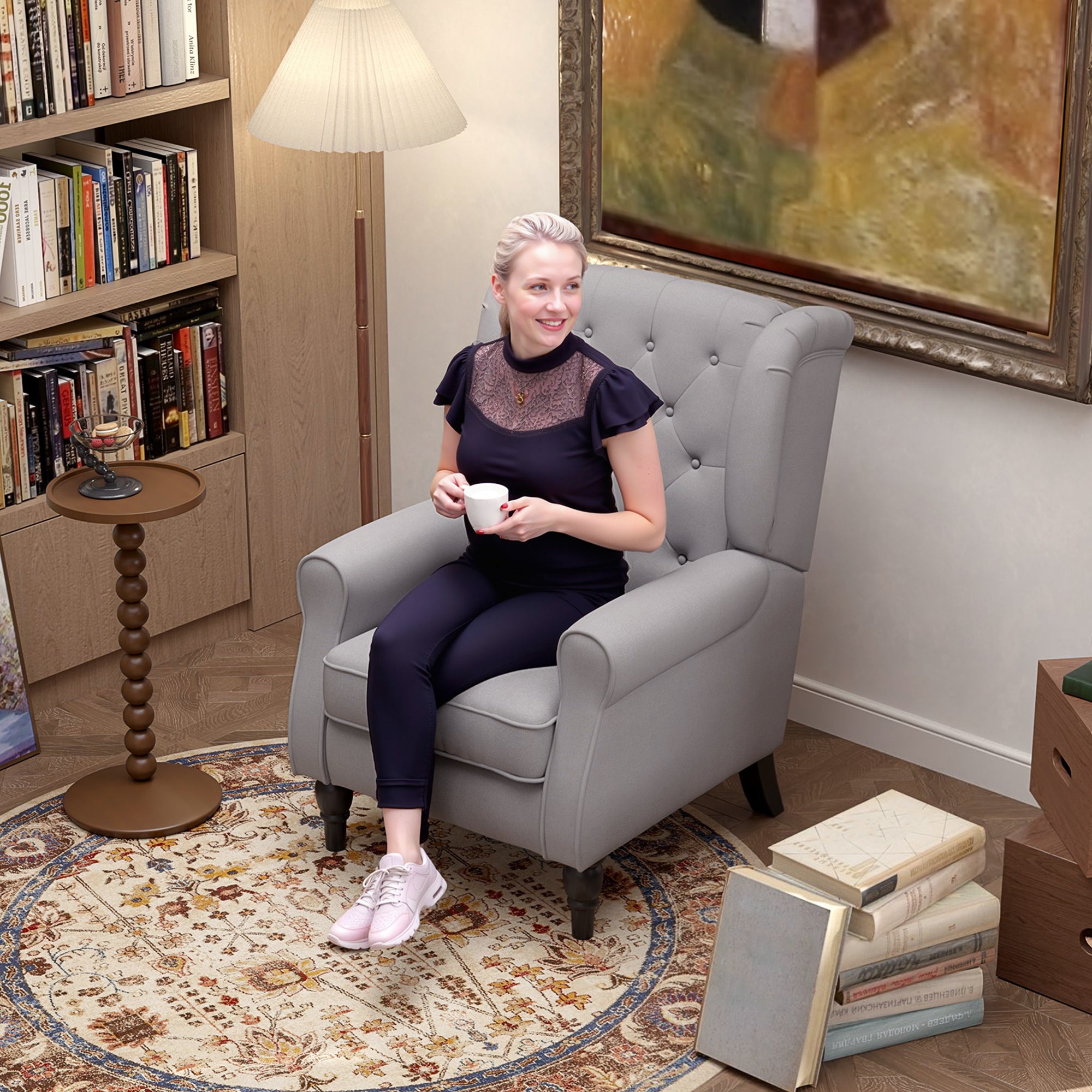 Mid-Century Accent Chair w/ High Wingback, Button-Tufted Fabric & Retro Wood Legs, Gray